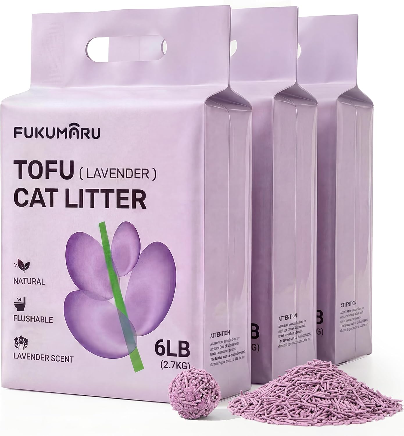FUKUMARU Tofu Cat Litter, 18lb – Lavender Scent, Firm Clumping, Natural Odor Control, Low Dust, Flushable Plant-Based Pellets, 6lb x 3 Bags