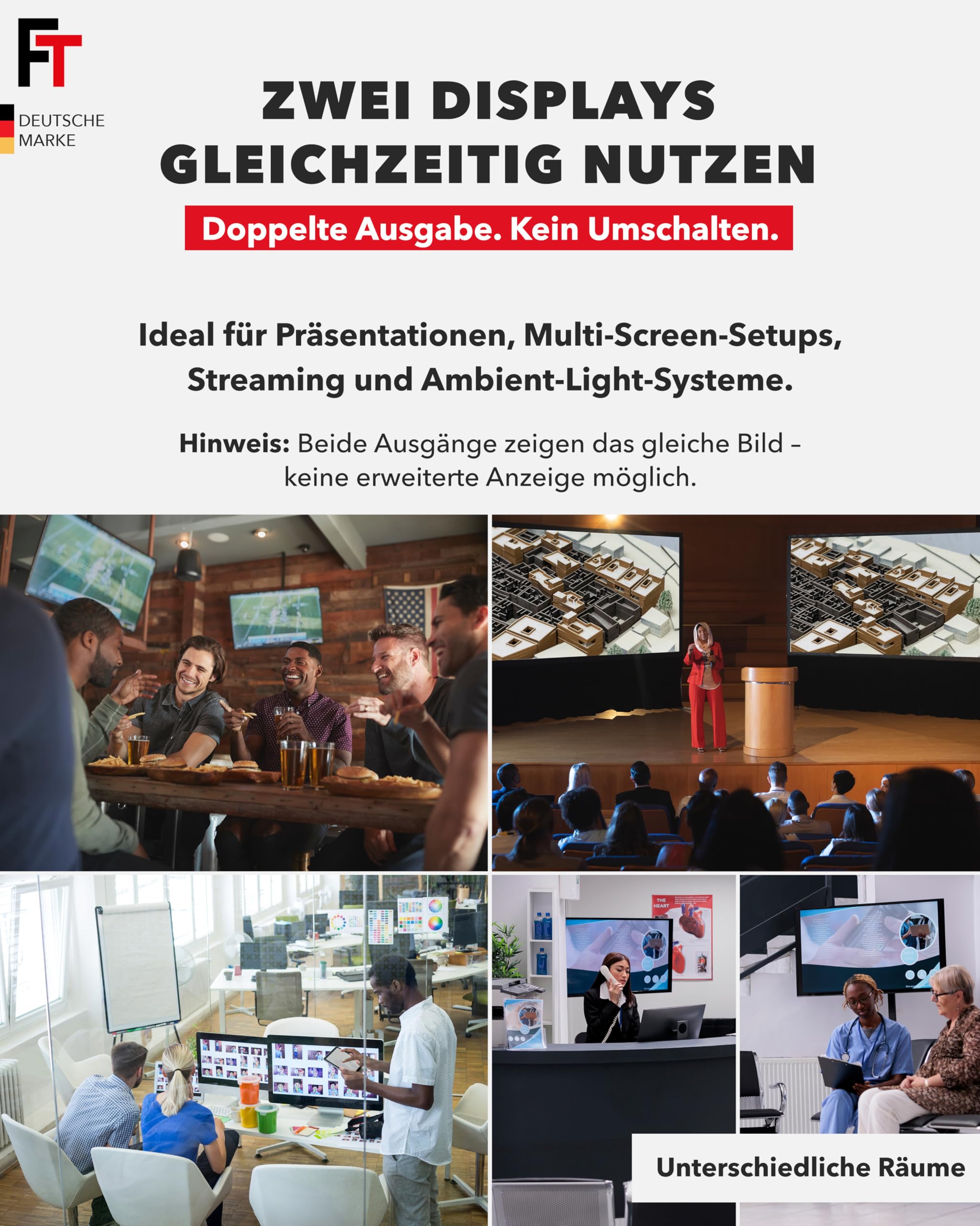 FeinTech SP210 HDMI 2.1 Splitter 4K 120Hz 8K VRR ALLM, Verteiler mit Downscaler für 2 Monitore gleichzeitig, CEC-Pass, kompatibel zu HDCP 2.3, HDR, Dolby Vision