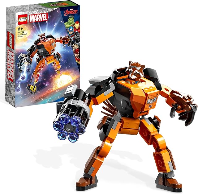 LEGO 76243 Marvel Rocket Mech Armour Set, Guardians of the Galaxy Racoon Buildable Action Figure Toy, Avengers Collectable Gift Idea for Kids 6 Plus Years Old