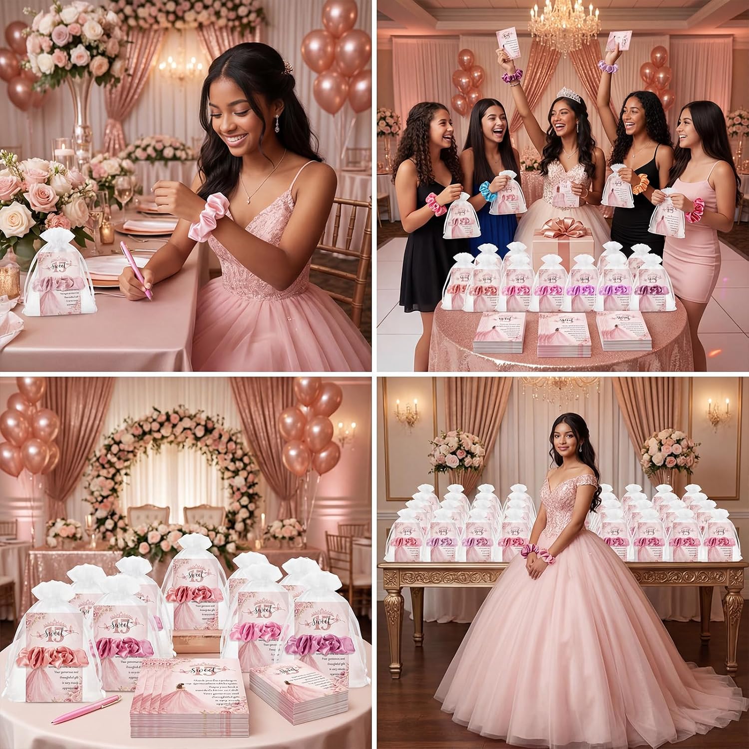 Thiccywoov 50 Sets Quinceanera Party Favors for Guests Quince Scrunchies Gift Bulk Recuerdos Para 15 Años Quinceañeras with Thank You Card and Organza Bag for Sweet 15 Years Birthday(Pink)