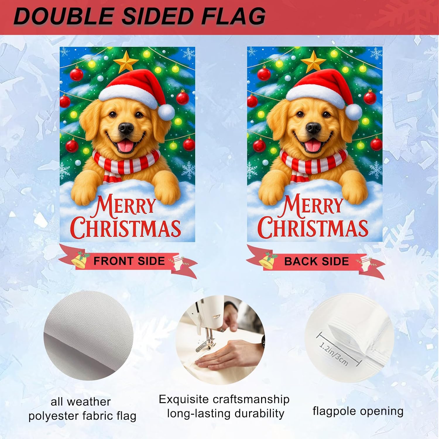 IVN Christmas Golden Retriever Dog Santa Garden Flag 12x18 Inch Double Sided Winter Christmas Decorations Joy Snow Tree Hat Outdoor Dog Yard Flag for Outside Xmas Home Front Door Lawn Porch Patio Welcome Decor - Image 4