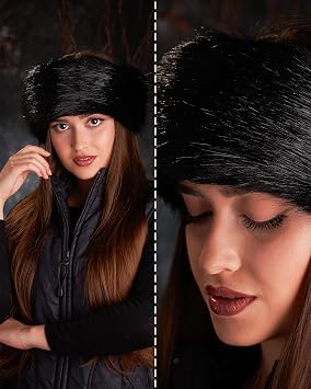 Futrzane Classic Headband - Faux Fur Headbands for Women - Furry Band for Winter - Size XL (Black Classic)