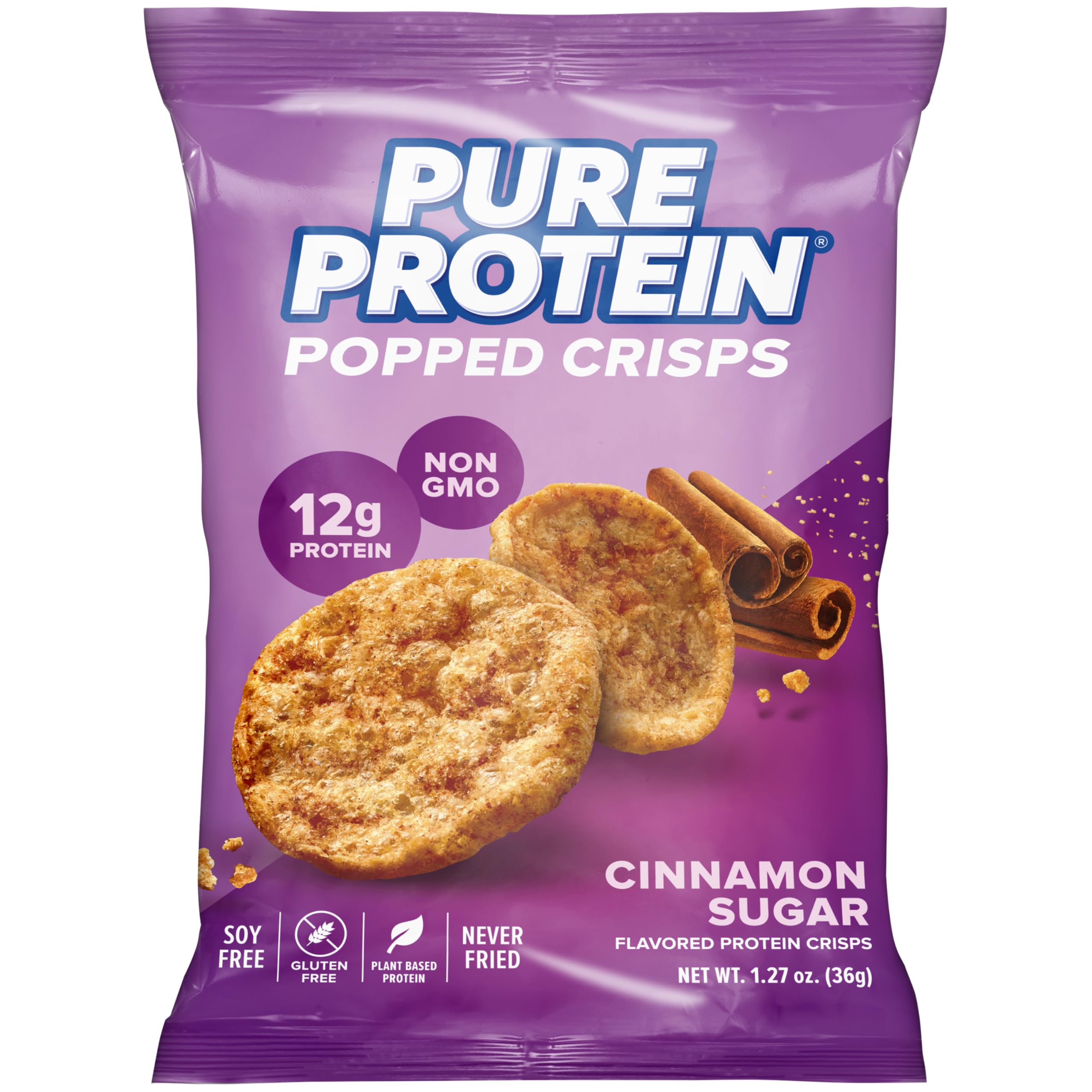 Pure Protein Cinnamon Sugar Popped Crisps - 12g Plant Based Protein, Gluten Free, Non GMO, Vegan, Air Popped & Puffed Crisps – Healthy Protein Snacks – 12 Pack