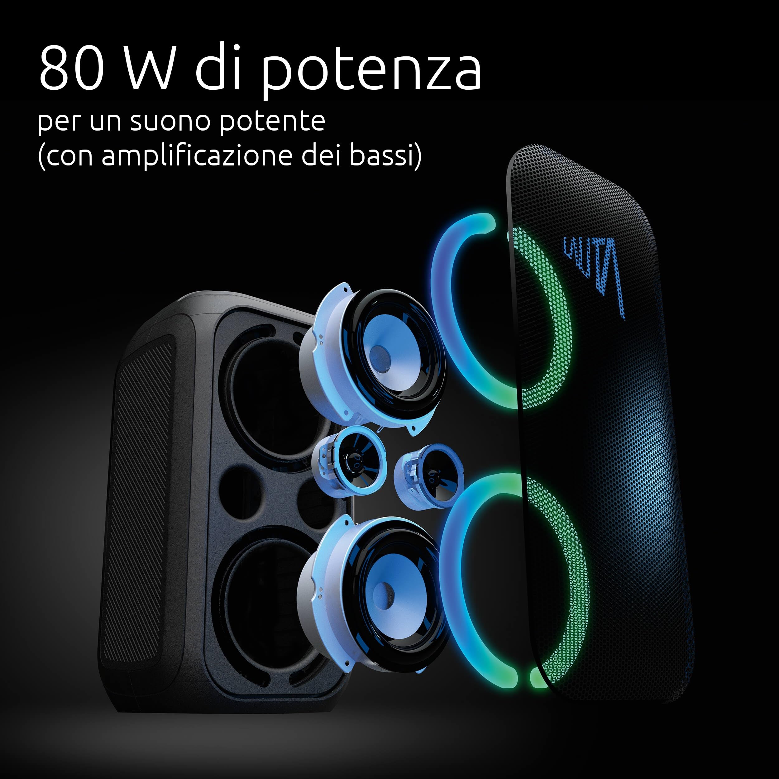 TechniSat LAUTA WUMMSBOX - Altoparlante Bluetooth portatile premium (160 W Peak, musica da festa 103 dB, Bass Boost, True Wireless Stereo, 12 h batteria, LED, IPX4, 80 W RMS)