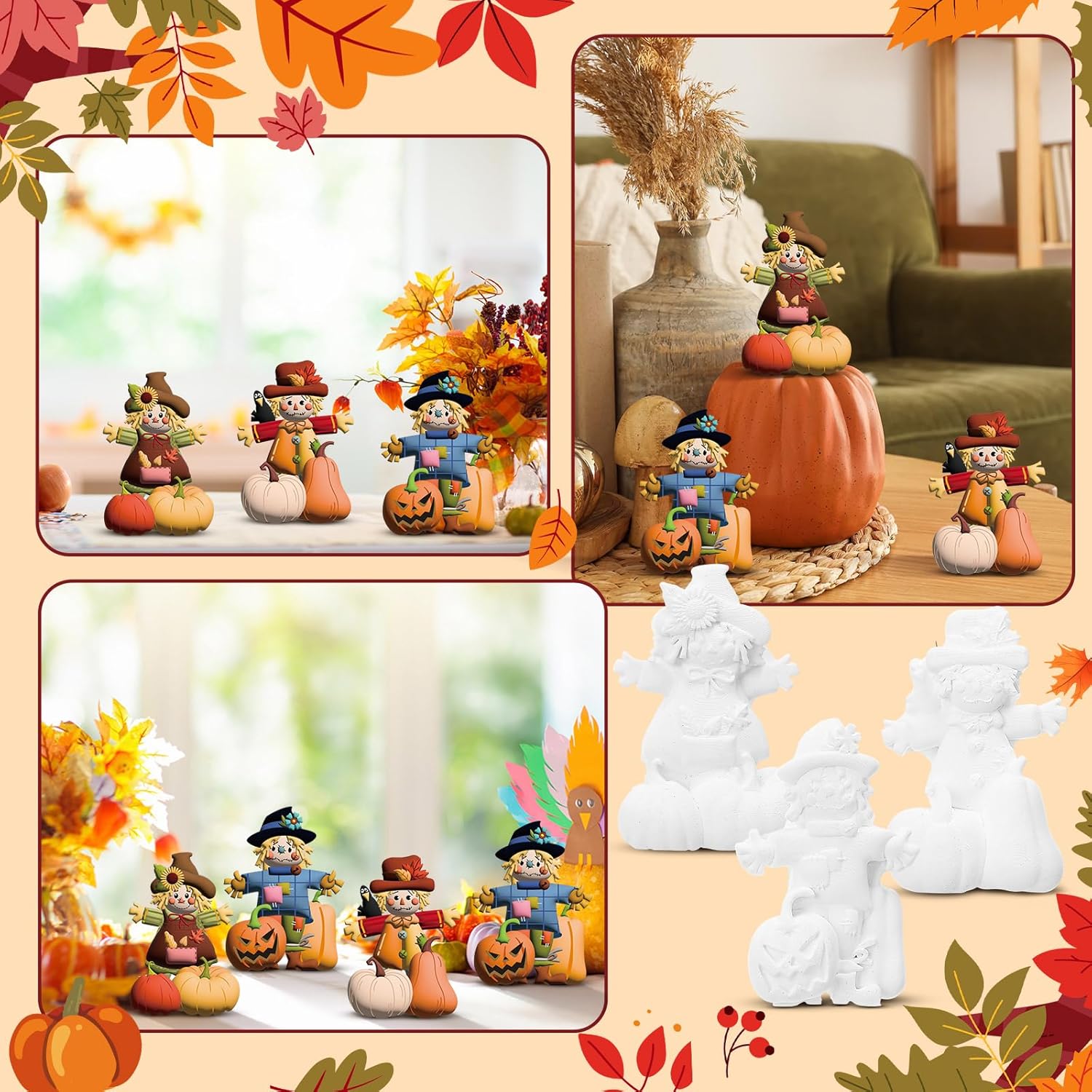 Maasechs 6 Pack Thanksgiving Ceramic Scarecrow Craft Kit Paint Your Own Scarecrow with Paints Brushes and Palette Unpainted Ceramic Statues Table Top Decor for Fall Home Decor Gift Arts Craft