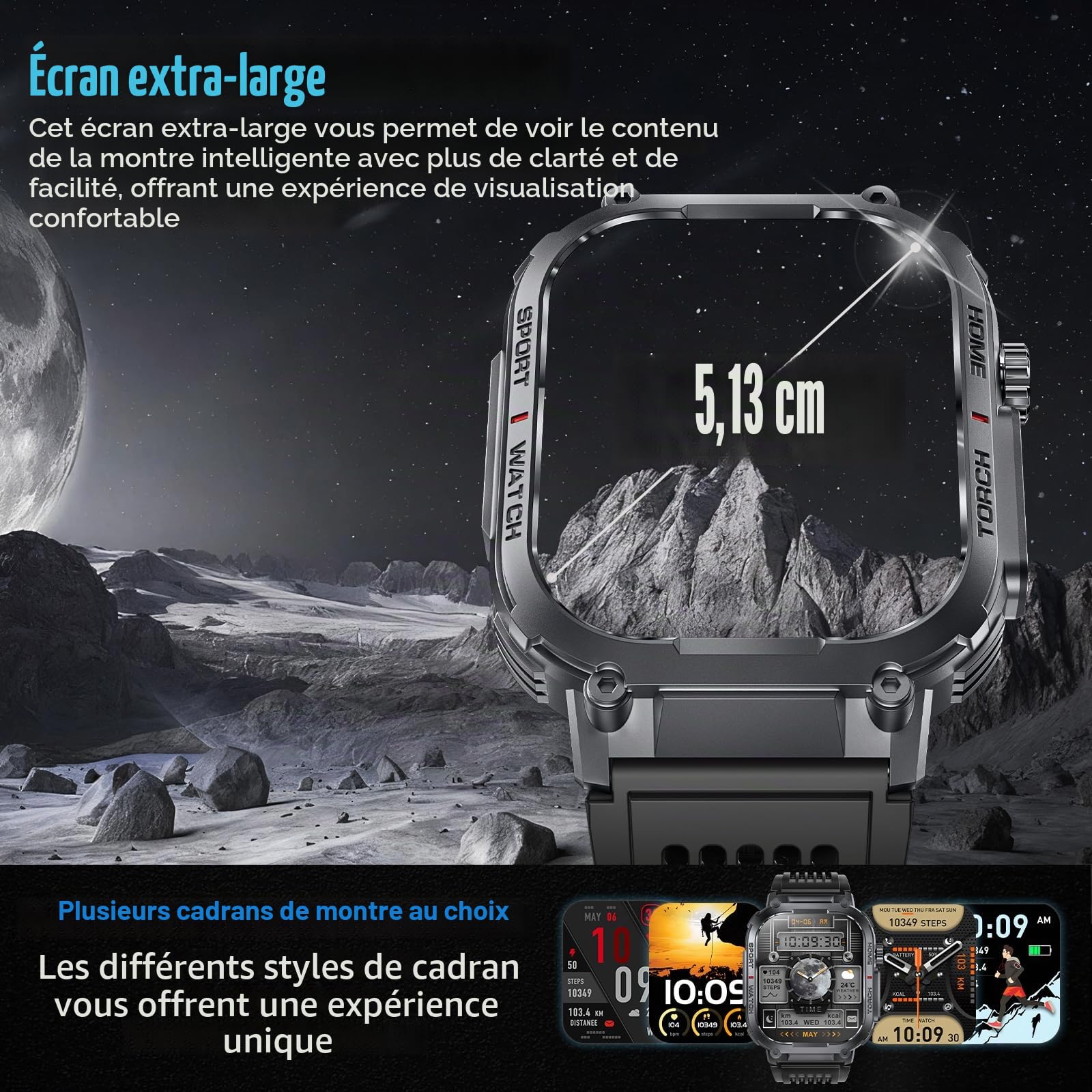 Montre Connectée Homme LED Lampe/Boussole, 2.02" Militaire Smartwatch Homme avec Appel Bluetooth, Asistente de Voz/100+ Modes Sportifs, IP68 Étanche/Podomètre Android iOS