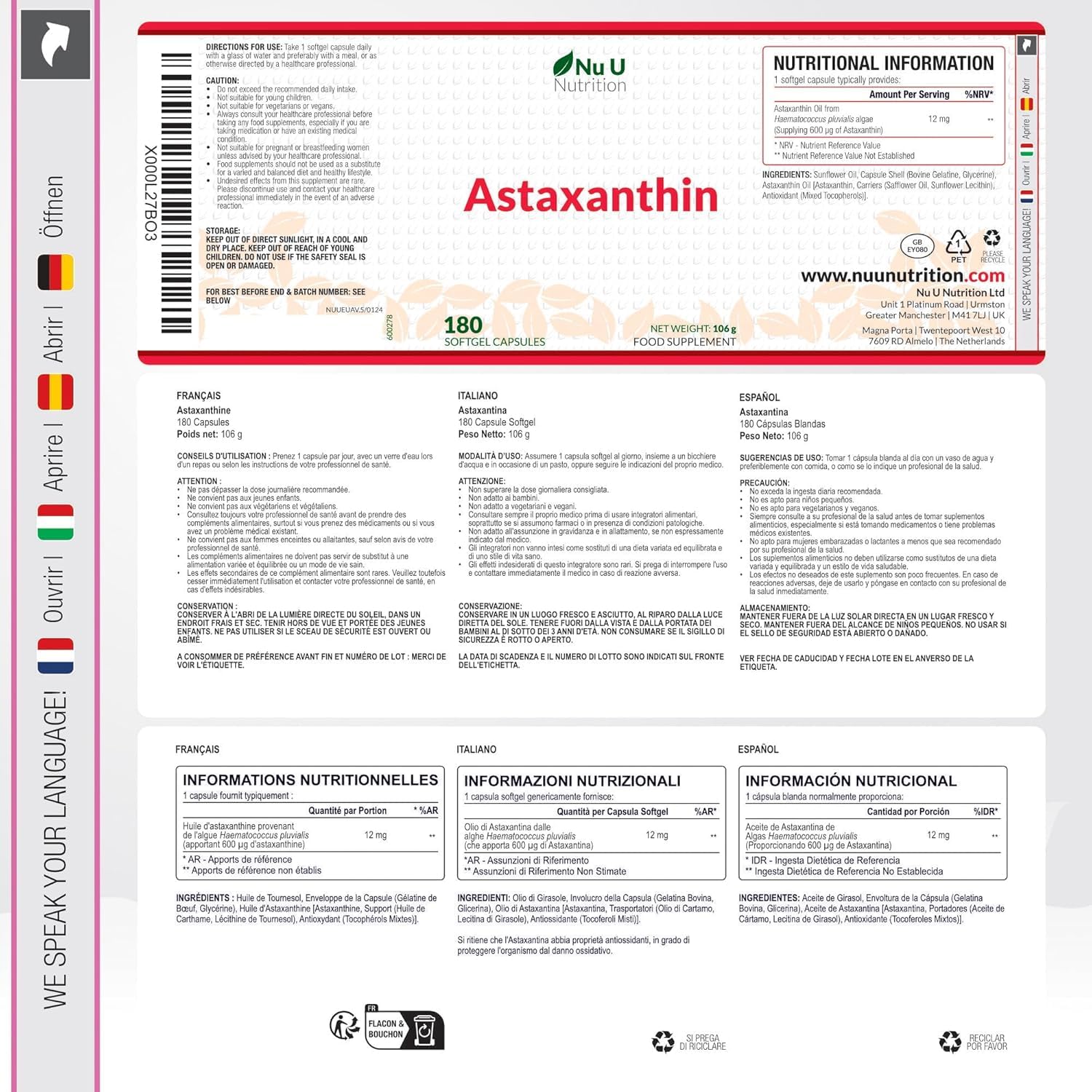 Astaxanthine 12mg - 180 Softgels de Forte Puissance - Approvisionnement 6 Mois - Supplément Antioxydant Puissant - Astaxanthine de Haematococcus Pluvialis Algae - Fabriqué en Europe - Nu U Nutrition
