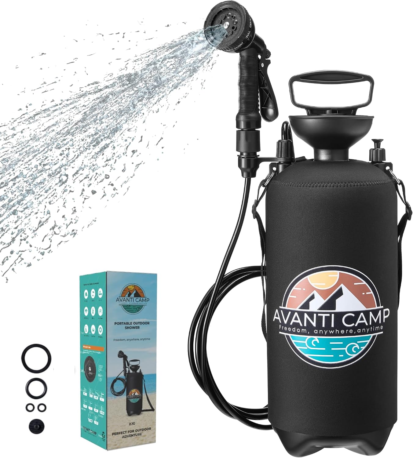 2.1 Gallon Pressurized Portable Camping Shower | 10-Mode Spray Head | Premium Neoprene Insulated Sleeve & Padded Shoulder Strap | Rinse Kit for Surf, Sand, RV, Road Trips & Pets | Black