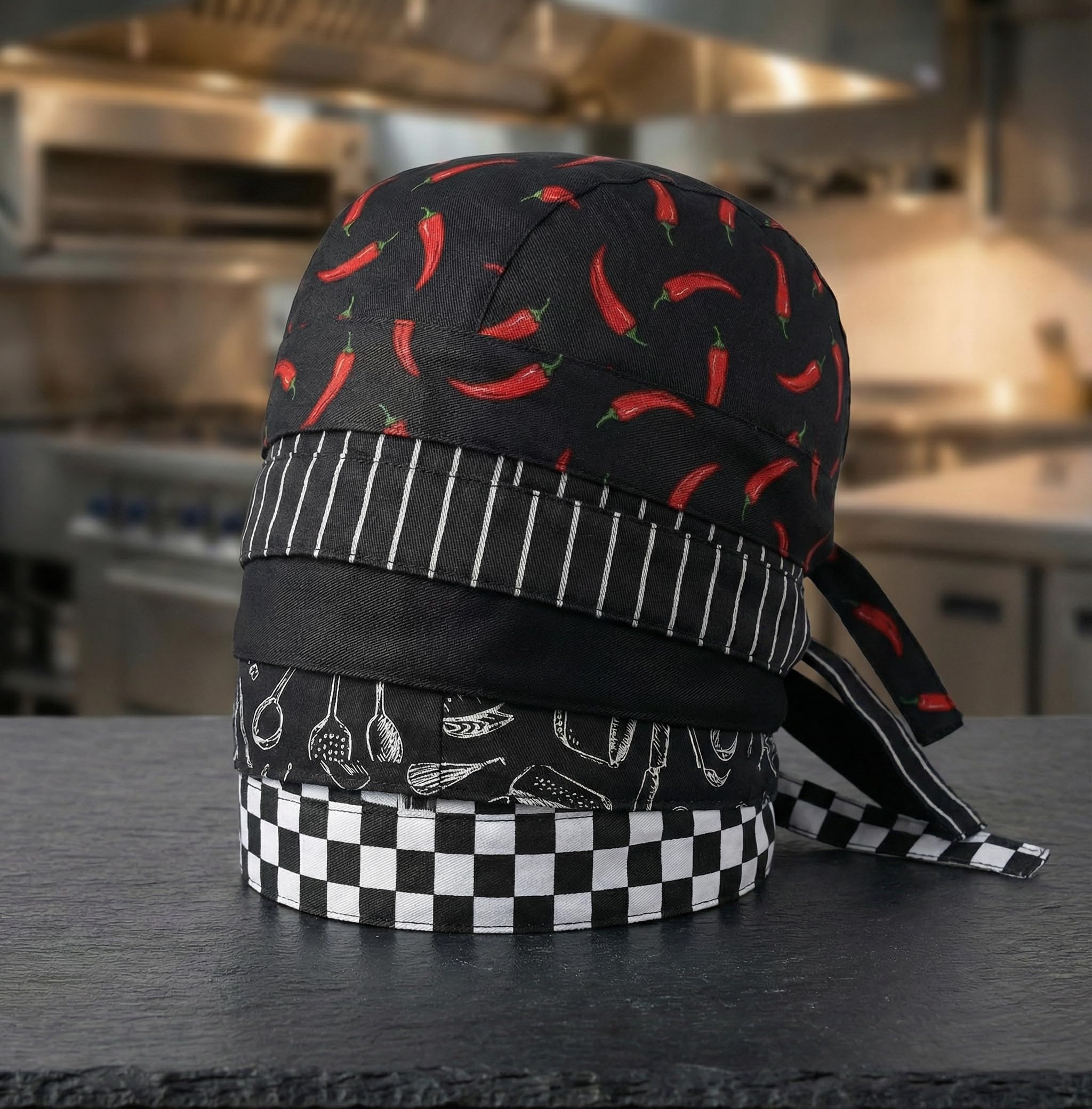 5 Piezas Gorros de Cocina Ajustables, Bandana Chef Unisex para Hombre y Mujer, Gorro Cocinero Profesional Estilo Japonés (Negro, Rayas, Chile, Cubiertos, Cuadros) para Restaurante Hostelerí