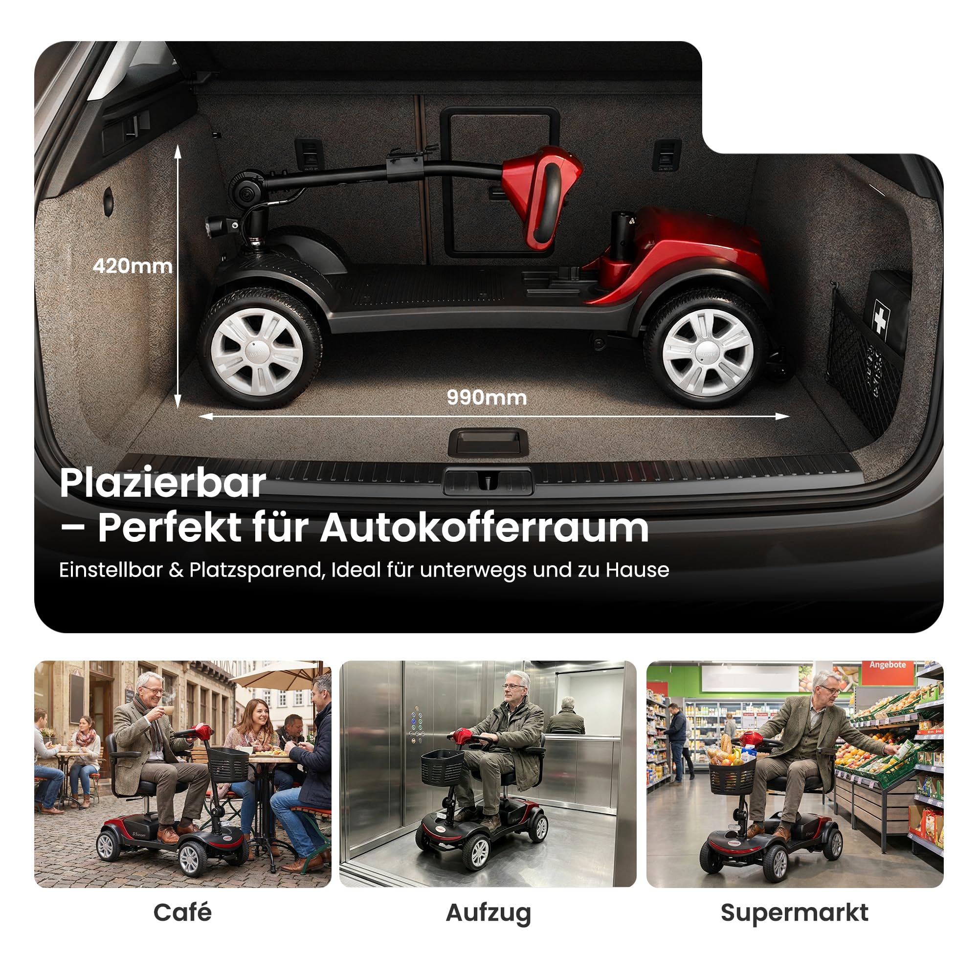 Rollstuhl Elektrisch Faltbar für Senioren Elektro Rollstuhl mit 360° Drehsitz 20km Reichweite Intelligenter Bremse Inkl LED Scheinwerfer,Ladegerät Rot.