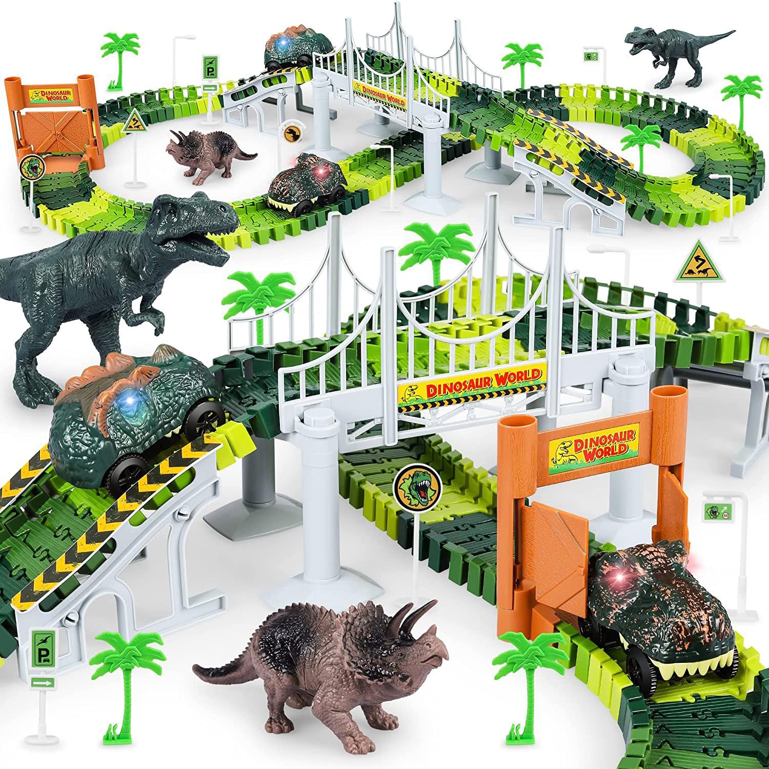 Beauenty Dinosaur Toys, 185 pieces of dinosaur car track, flexible track game machine and 2 cool dinosaur cars, dinosaur toy track train set, the best gift for kids.