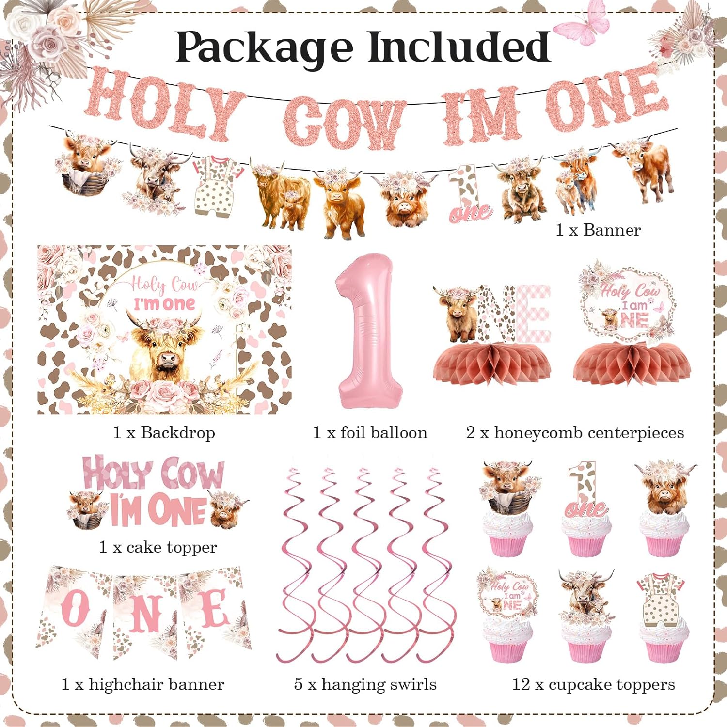 Highland Cow 1st Birthday Decorations for Girl Floral Boho Holy Cow Im One Birthday Backdrop Pink First Bday Chair Banner Honeycomb Cupcake Topper for Bohemian Animal One Year Old Party Supplies - Image 3