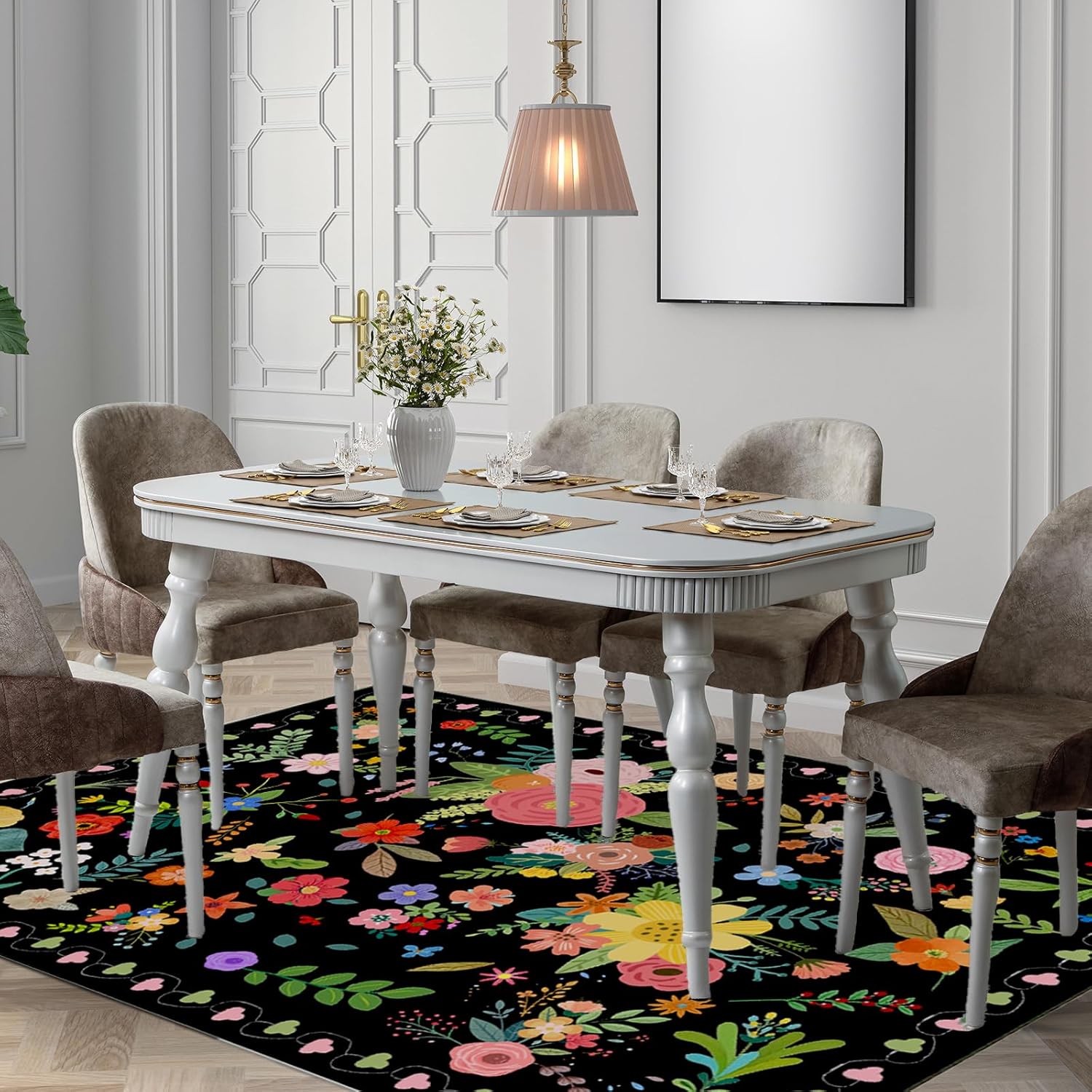 Floral Nursery 5x7 Area Rugs Washable, Vintage Non Slip Boho Floor Carpet Soft Throw Rugs for Living Room, Bedroom, Farmhouse, Black Floral Rug for Girls Bedroom