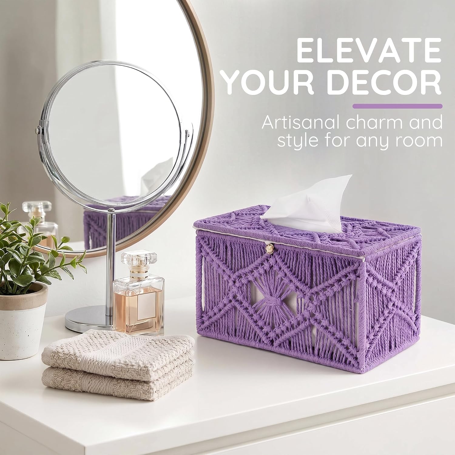 Purple Macrame Tissue Box Cover - 9.8in (25cm) Rectangle Boho Woven Holder with Pearl Button for Home, Bathroom