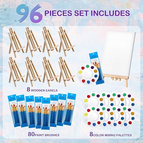 Miniatura 4 de Juego de 96 piezas de pintura con caballetes, 8 caballetes de madera, 80 pinceles con cabezal de cepillo de nailon, 8 paletas de plástico, kit de