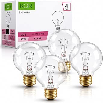 (4 Pack) G25 Globe Light Bulbs – 25W Incandescent, 2700K Soft White, E26 Base, Dimmable – Crystal Clear Vanity Bulbs for Bathroom, Mirror, Pendant Fixtures