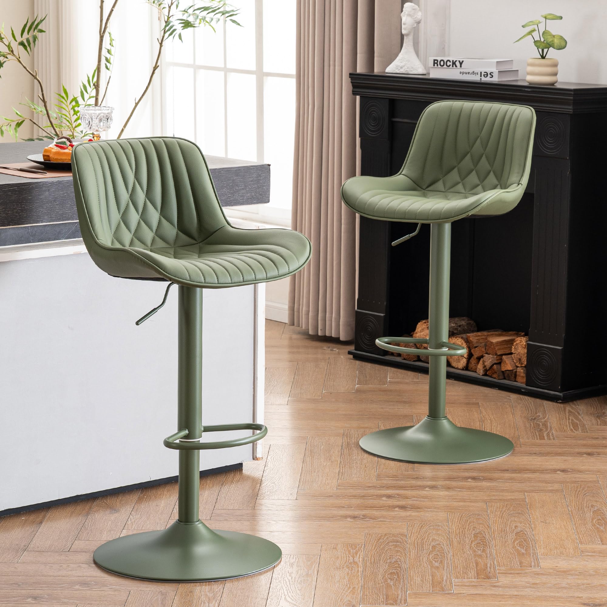 YOUTASTE Bar Stools Set of 2, Adjustable Swivel Counter Height Barstools with Back, All Olive Green Faux Leather Upholstered Bar Chairs with Metal