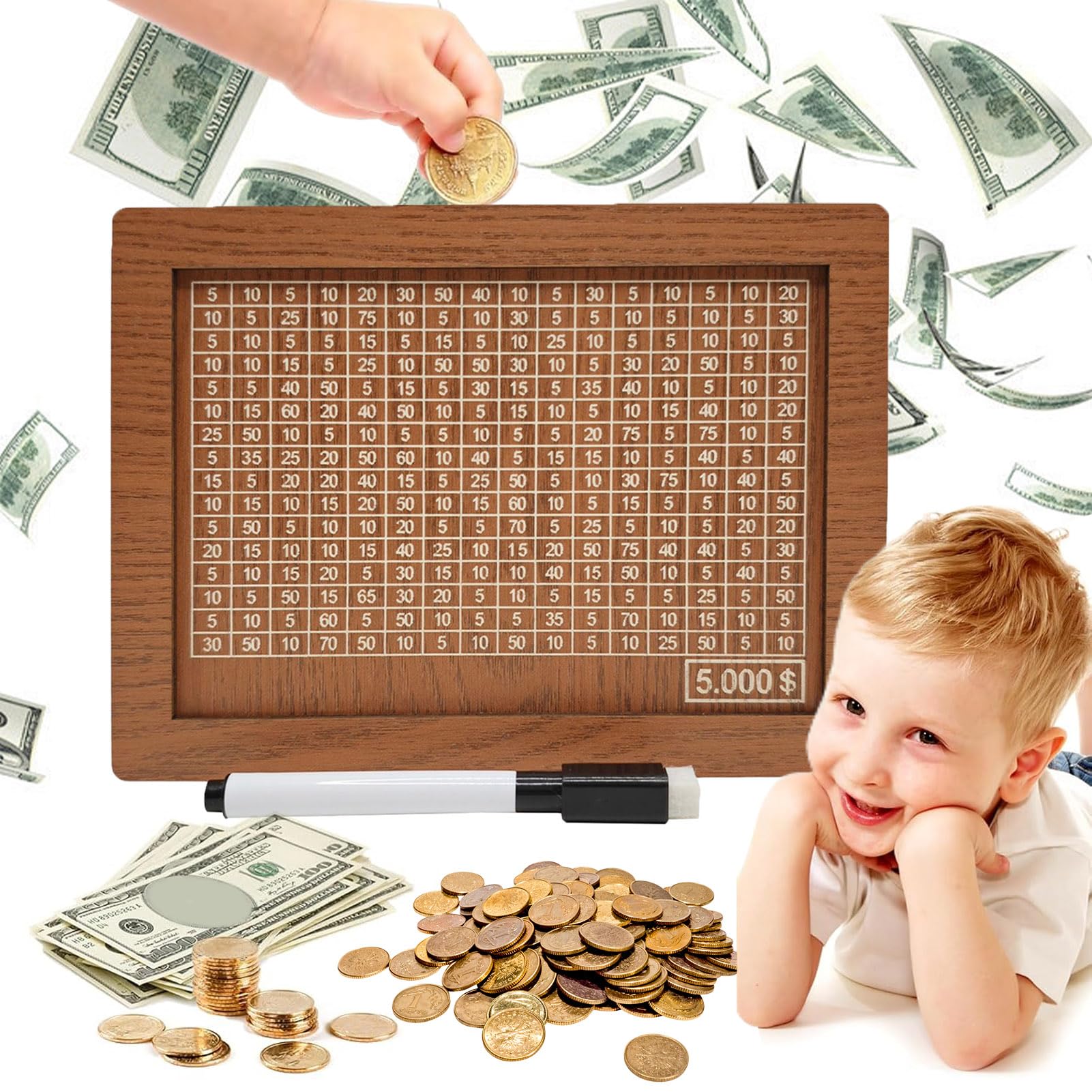 10000 Savings Challenge Box, Money Saving Box with Money Target and Numbers, Cash Vault Wooden Savings Box, Wooden Money Box, Coin Counter Piggy Bank for Adults, Wooden Coin Bank for Kids 5,000