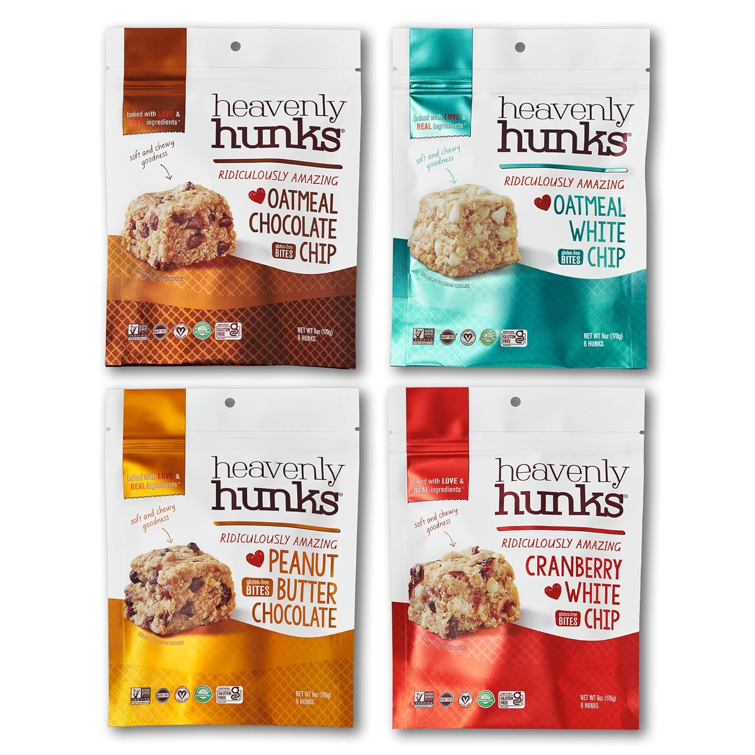 Heavenly Hunks Variety Pack 6oz Bags (4 Pack) - Oatmeal Chocolate Chip, Peanut Butter Chocolate, Cranberry White Chip & Oatmeal White Chip Cookies