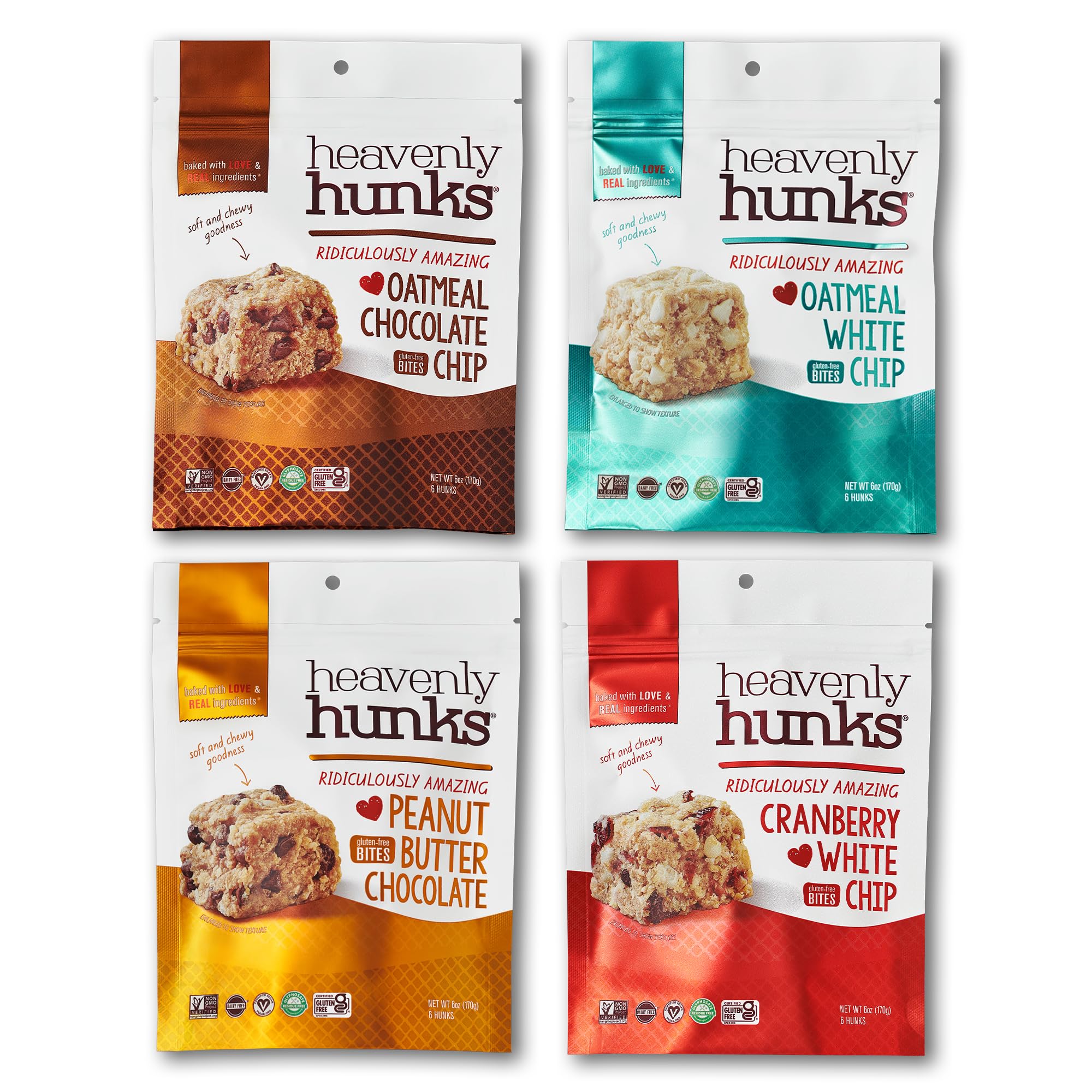 Heavenly Hunks Variety Gift Box 6oz Bags (4 Pack) - Oatmeal Chocolate Chip, Peanut Butter Chocolate, Cranberry White Chip & Oatmeal White Chip Cookies