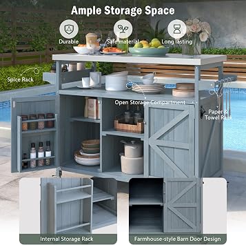 Island Table for Kitchen with Internal Storage Racks and Ample Storage Space,Versatile Functionality Outdoor Cabinet W/ 4 Secure Locking Wheels & Stainless Steel Top,Grey Blue