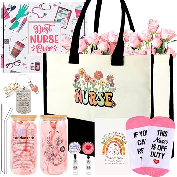 Nurse Appreciation Gifts Canvas Beach Bag, Glass Cup, Socks, Keychain, Badge Reel Holder