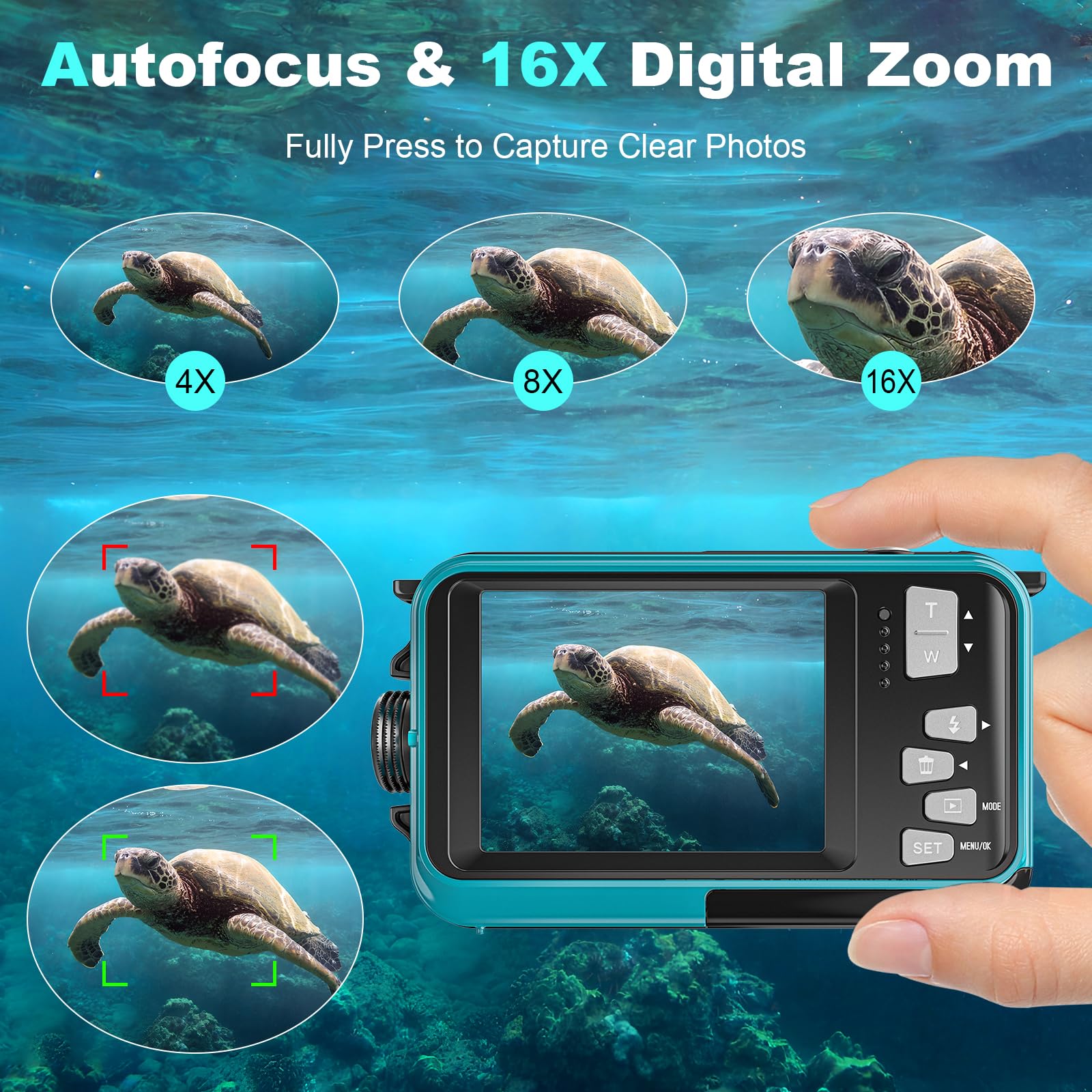 YISENCE Appareil Photo Etanche 56MP 4K Caméra sous-Marine Autofocus Zoom numérique 16x Double écran 2,8 Pouces Carte 32 Go