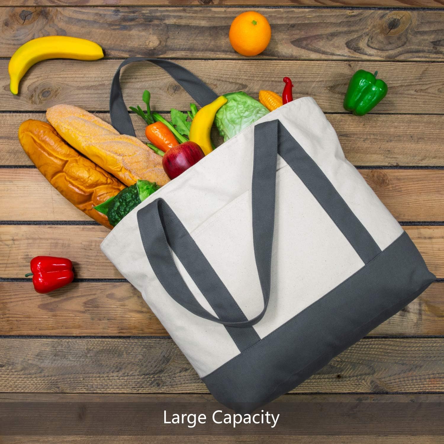 TOPDesign Canvas Tote Bags with an External Pocket, Reusable Grocery Shopping Bags, Top Zipper Closure, Daily Essentials image 4