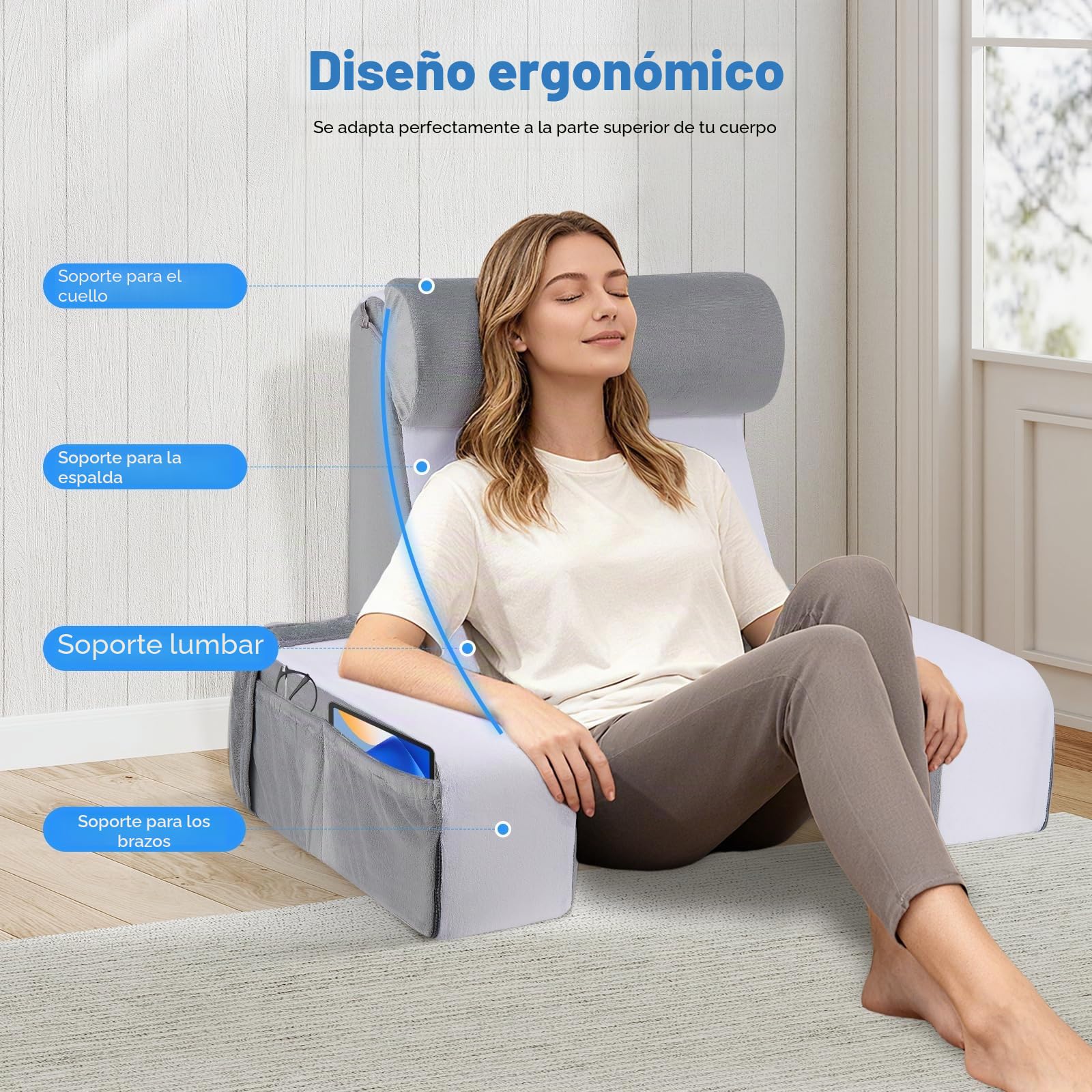 Cojín ergonómico de lectura con reposacabezas y reposabrazos desmontables, soporte lumbar para cama, sofá, suelo, ajustable para leer, trabajar y relajarse
