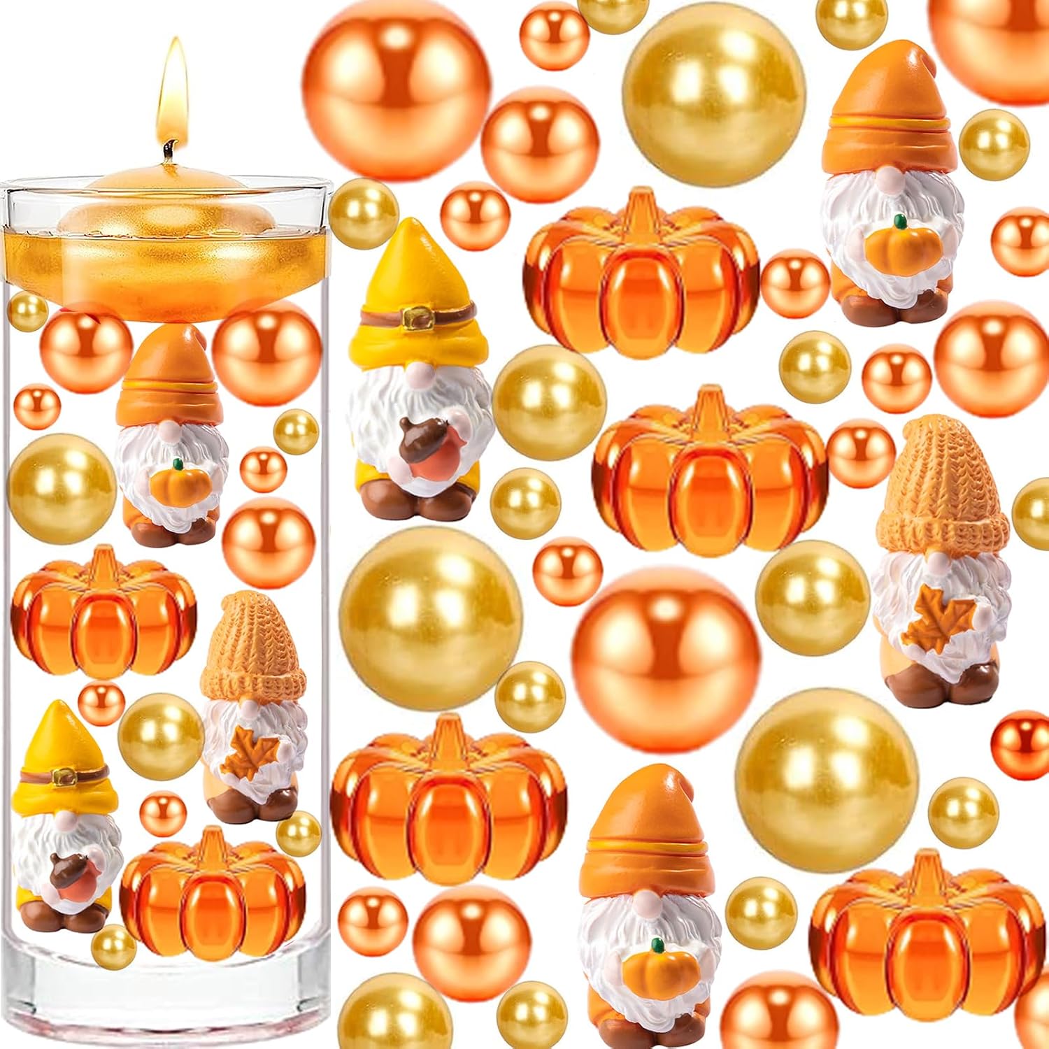 111pcs Thanksgiving Vases Filler Set Faux Pumpkin Maple Leaf Beads for Vases Filler Fall Centerpiece for Thanksgiving Halloween Fall