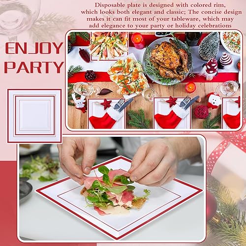 Miniatura 6 de Yinder Juego de 100 platos desechables rojos de plástico cuadrado para 50 invitados de 9.5, 6.5 pulgadas, platos de plástico resistentes para