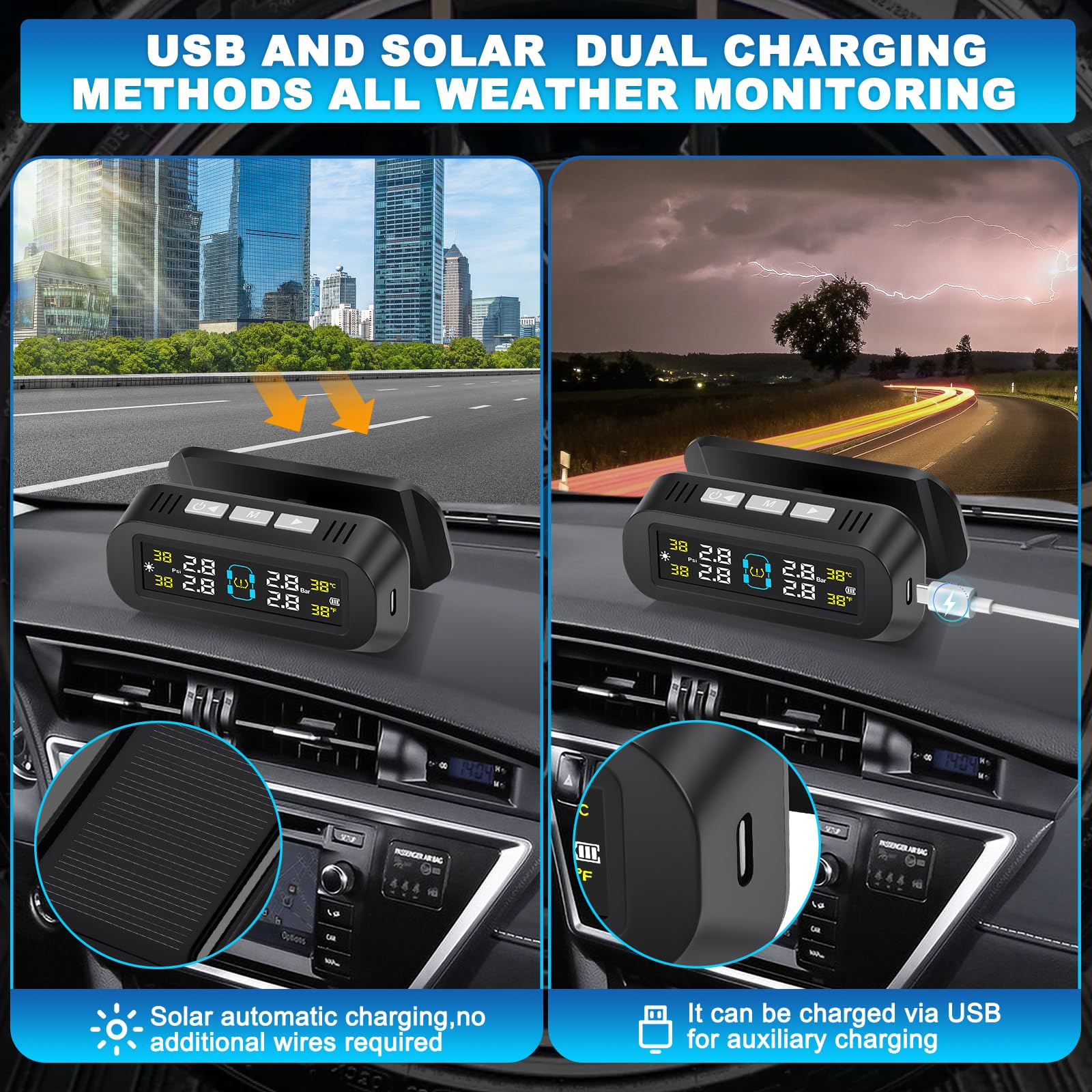 Sistema di Monitoraggio della Pressione dei Pneumatici Solare Sistema Monitor Pressione Gomme Staffa Rimovibile, 4 Sensori Esterni per Camper SUV Auto