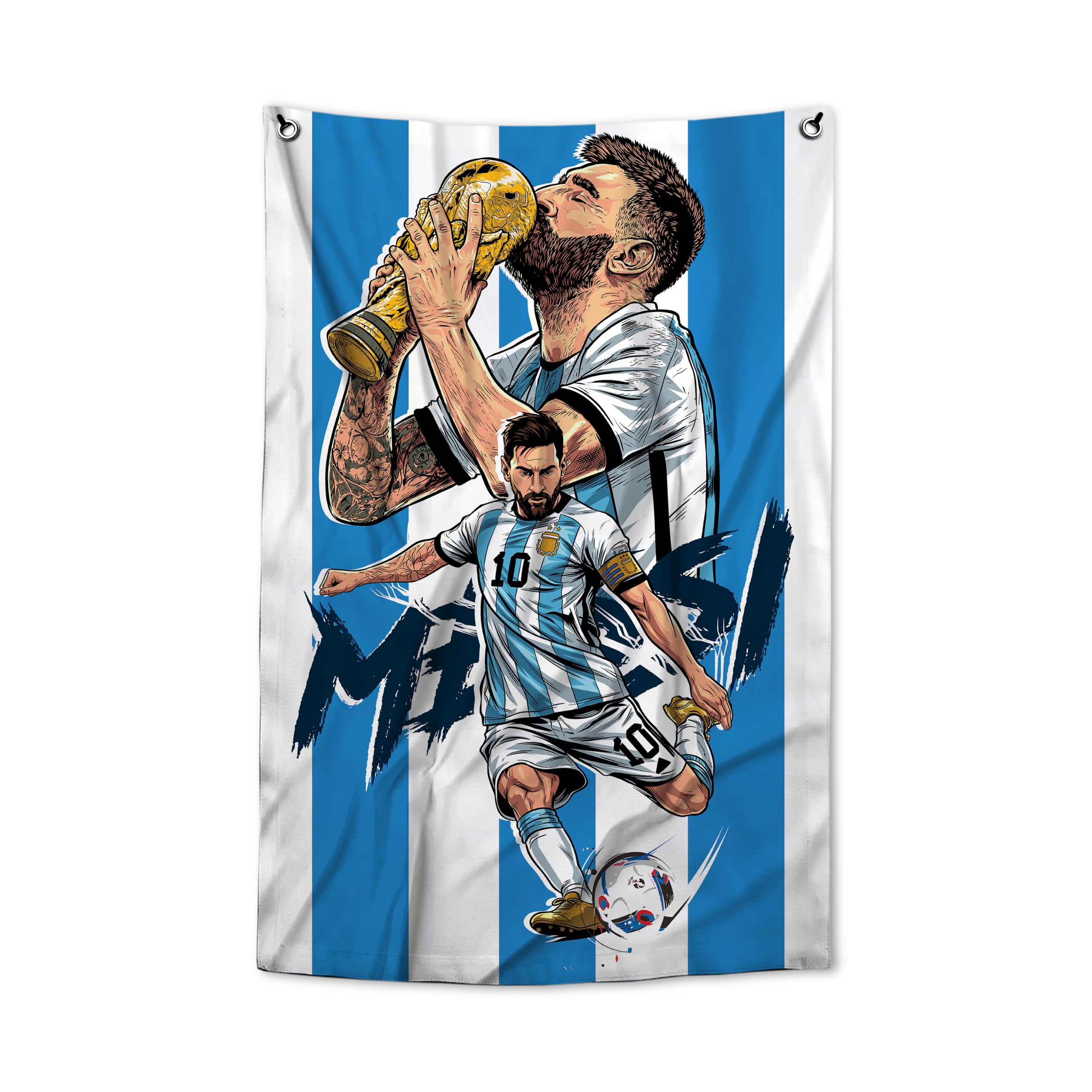 Argentina Football Flag with Messi GOAT Artwork | Argentina Flag for Wall, Football Fan Banner for Bedroom & Gaming Room Décor | Stadium Cheering Match Day Flag | 34 x 22 Inch-image-34