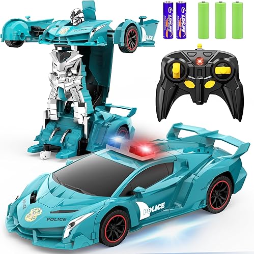 Miniatura 11 de FDJ Autos RC - Auto de control remoto de transformación, 2.4Ghz escala 1:18 transformable de juguete de coche de policía con luz intermitente