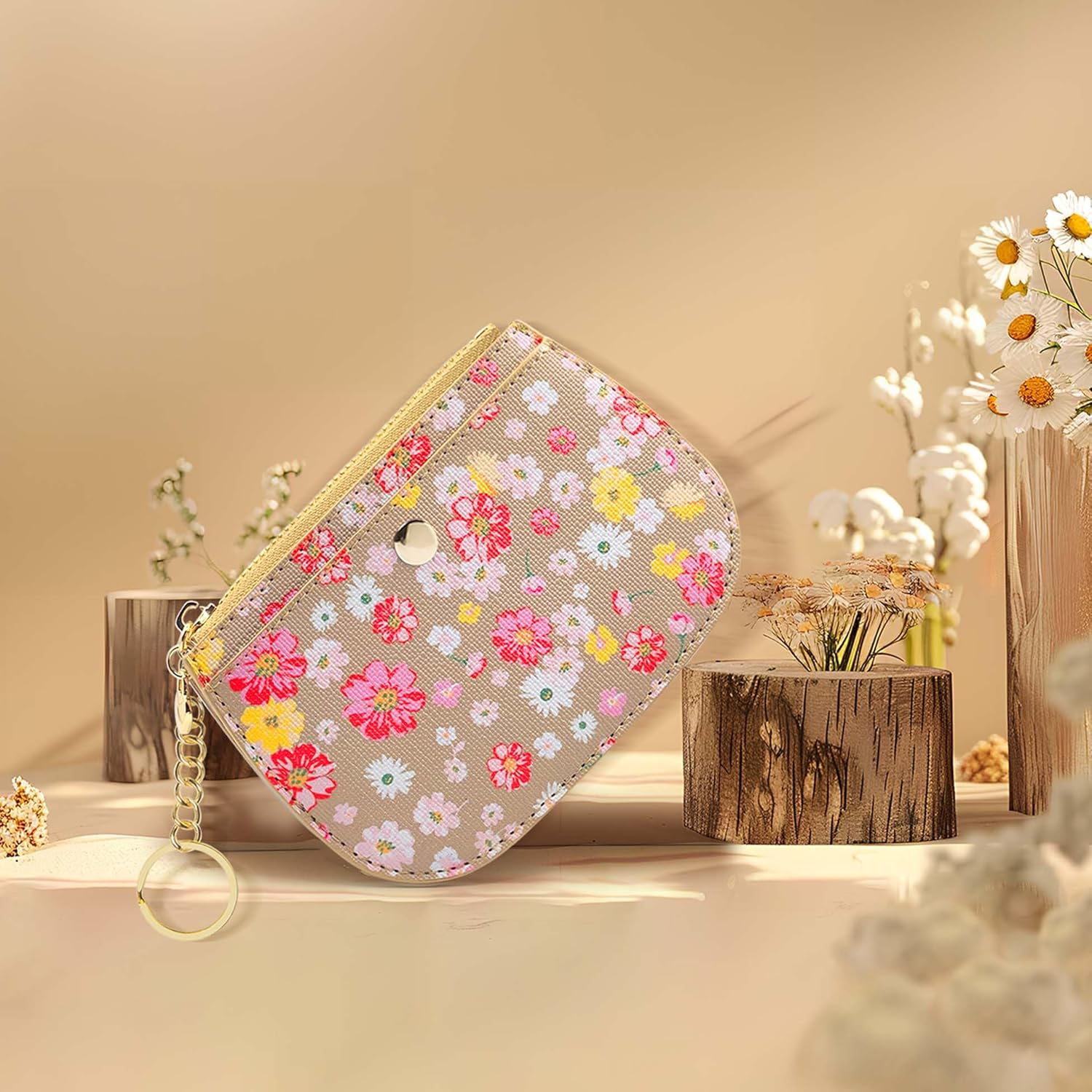 Coin Purse Wallet with Keyring, Small Zipper Pouch, Credit Card Holder, Taupe with Pink and Yellow Flowers (Taupe) - Image 13