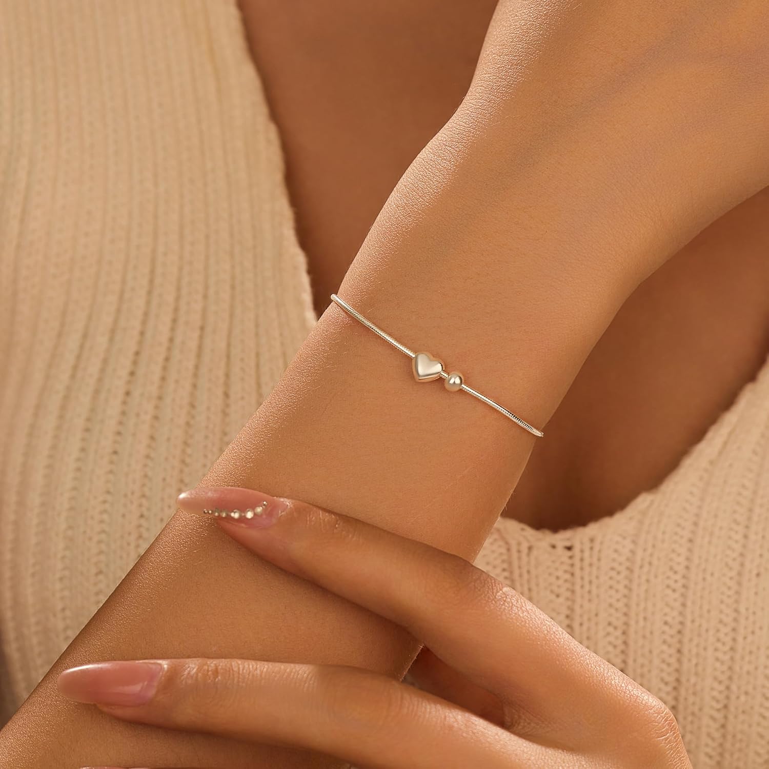 Valentine Gifts 925 Sterling Silver Heart Charm Bracelet for Women Dainty Love Beaded Snake Trendy Heart Link Chain Bracelet to Daughter Mom Adjustable Chain Wedding Birthday Jewelry for Her - Image 3