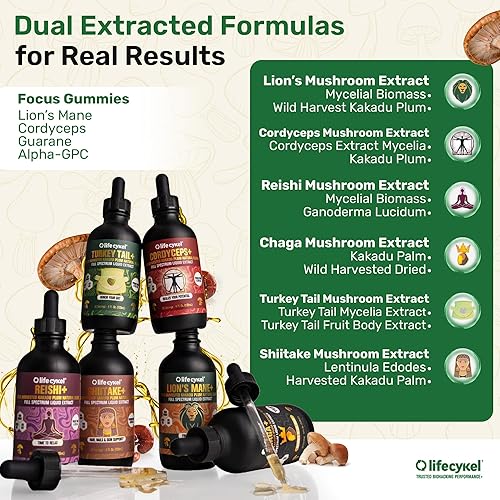 Miniatura 2 de Life Cykel Paquete líquido de extracto de hongo prémium  Melena de león, Cordyceps, Reishi, Chaga, cola de pavo y shiitake (1 onza cada una) con