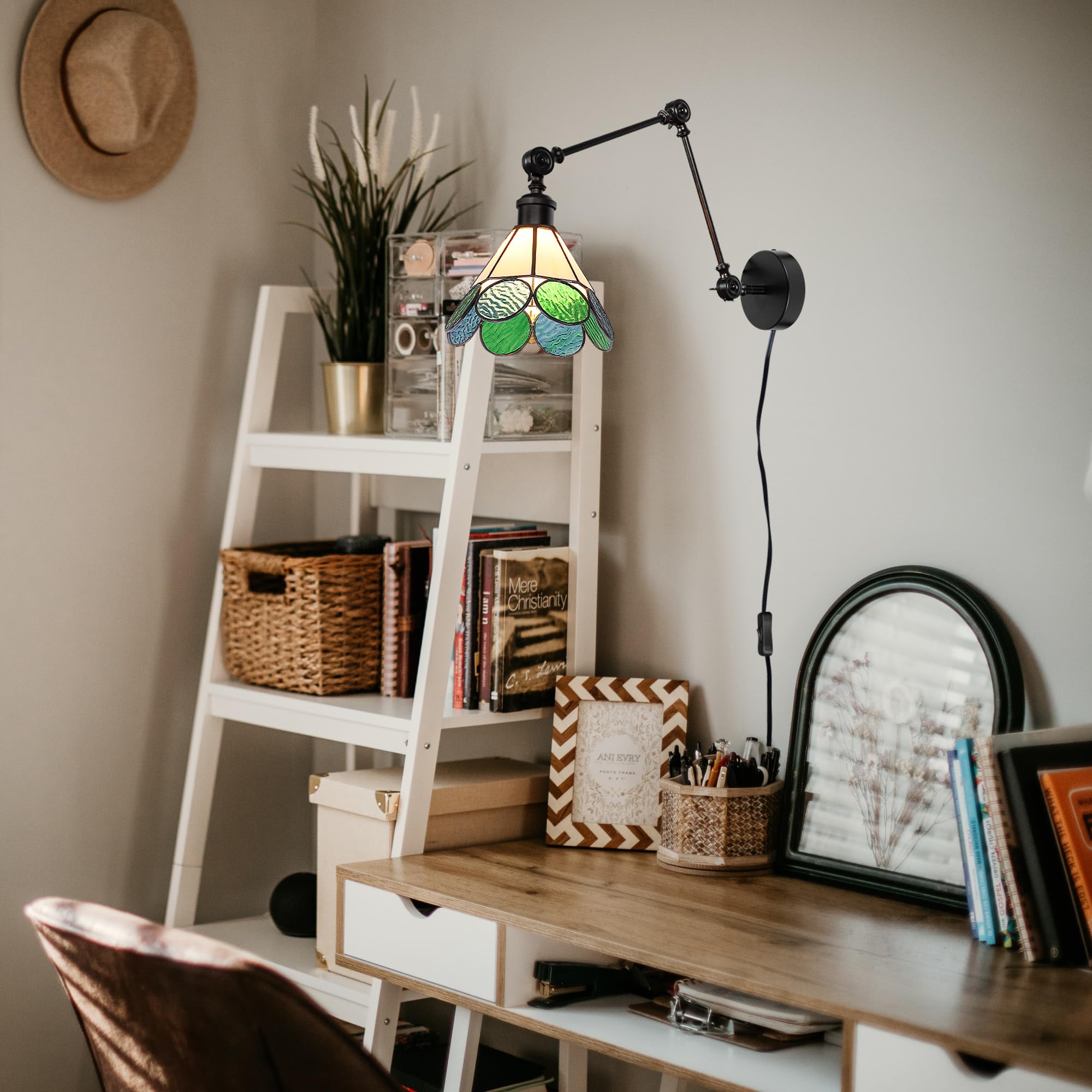 Schwenkarm Wandleuchte Innen Mit Fernbedienung, Vintage Glas Dimmbar Wandlampe mit E27 Lampenfassung, Wandleuchte ohne Bohrung für Wohnzimmer Treppenhaus Flur Schlafzimmer DZ0574