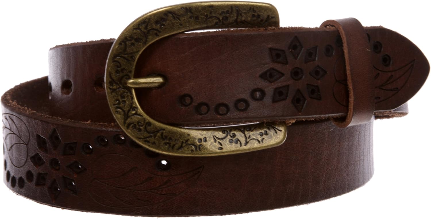Snap On Soft Vintage Cowhide Full Grain Leather Floral Perforated Casual Belt