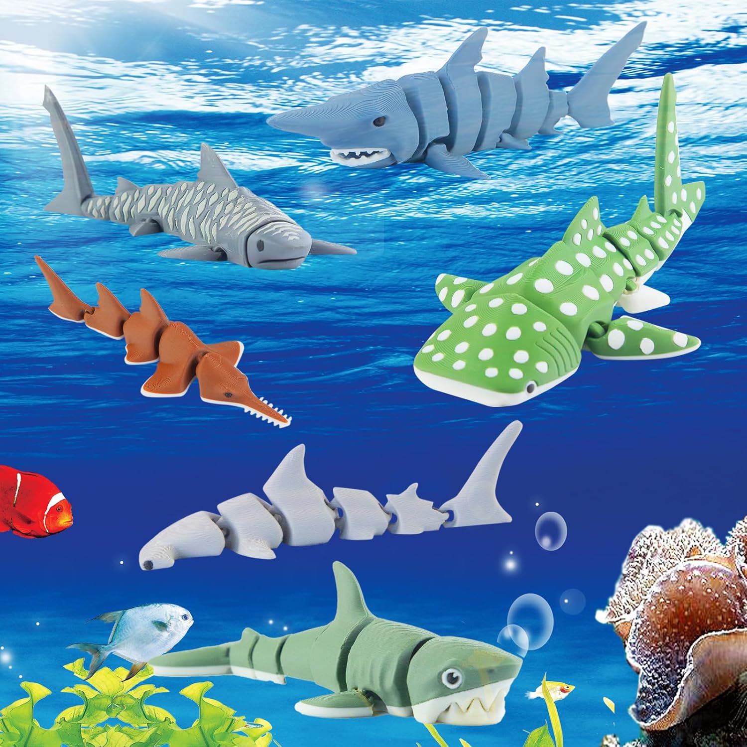 Viabty 6PCS 3D Printed Shark Figurines Toys for Kids Toddlers, Realistic Ocean Sea Animals Bath Toys Fidget Toys Cake Toppers Shark Party Decorations Christmas Birthday Gift for Boys Girls