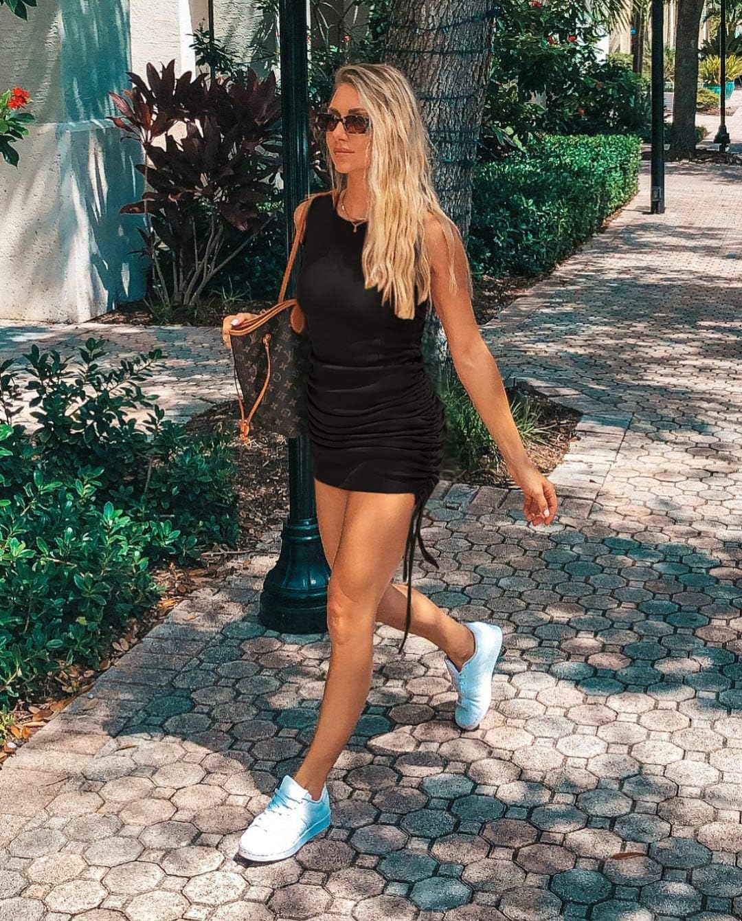 Wenrine Womens Ruched Bodycon Mini Dress Sleeveless Crewneck Drawstring Party Club Dress - Image 3