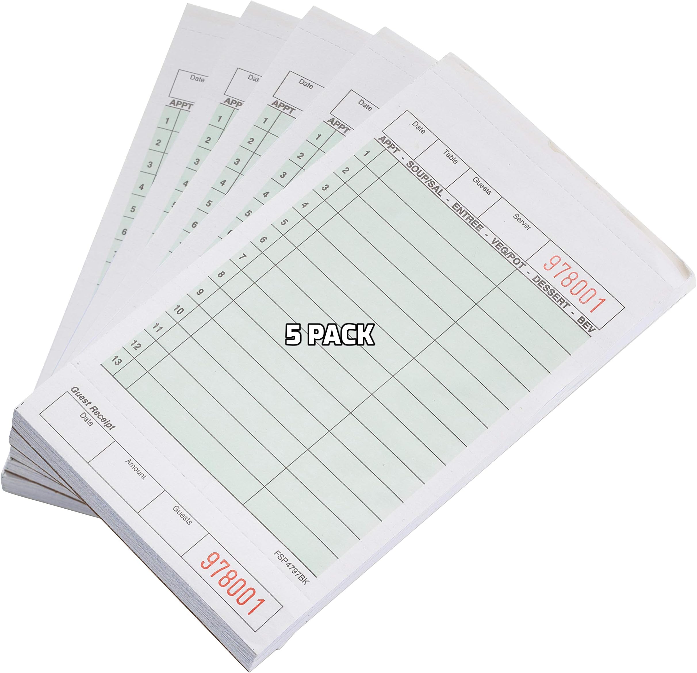 EcoQuality [5 PACK] Green Guest Check Pads 2 Part Carbonless - 50 Pages per Server Pad - Notepad for Waiter, Waitress and Restaurants Server Book (4.2 x 7.2 inches)