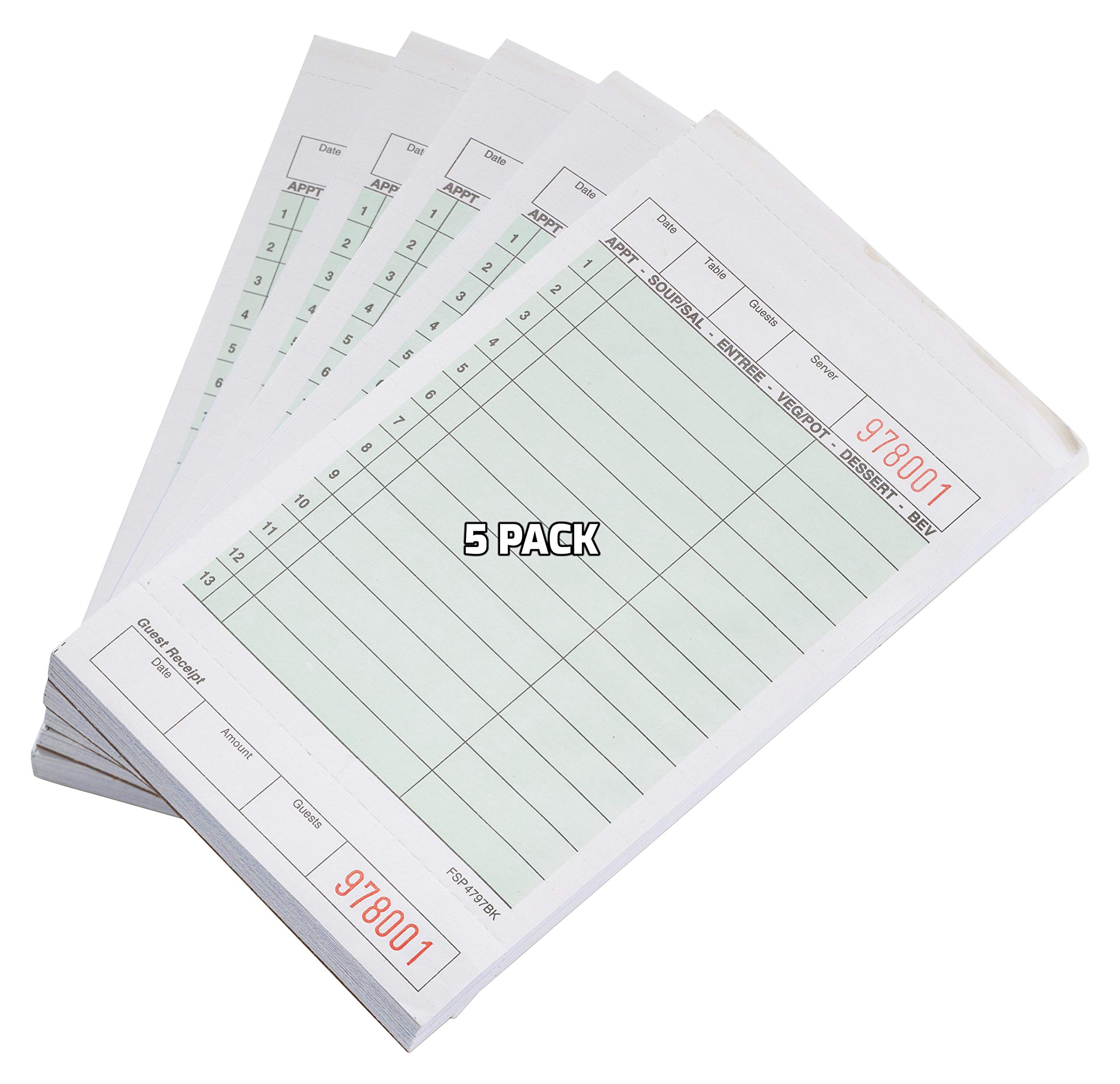 EcoQuality [5 PACK] Green Guest Check Pads 2 Part Carbonless - 50 Pages per Server Pad - Notepad for Waiter, Waitress and Restaurants Server Book (4.2 x 7.2 inches)