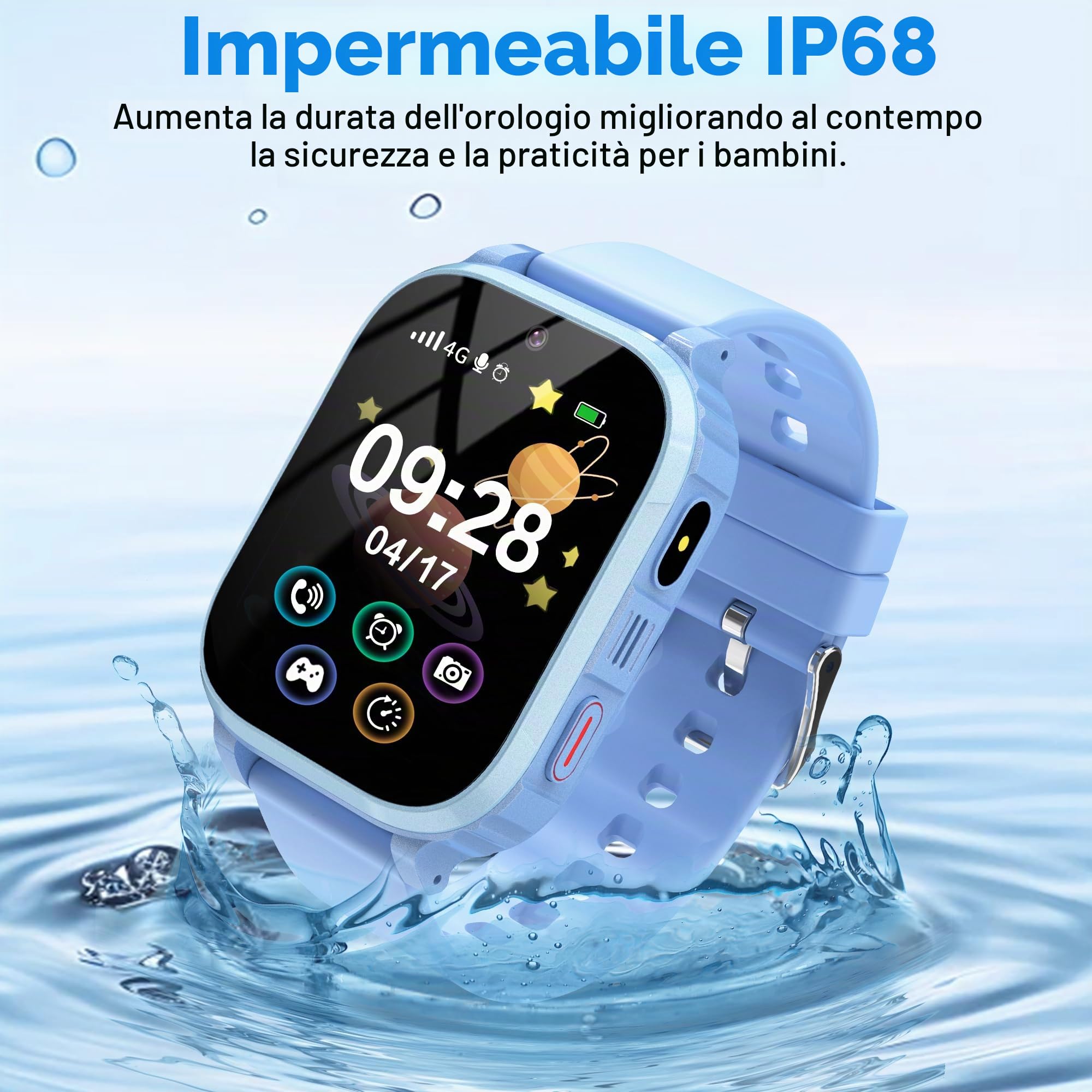 Smartwatch Bambini 4G GPS con SOS e Videochiamata HD, Impermeabile IP68 | Sveglia, giochi educativi, fotocamera, torcia e modalità scuola integrati. GPS preciso, zone sicure. Per 4-15 anni.