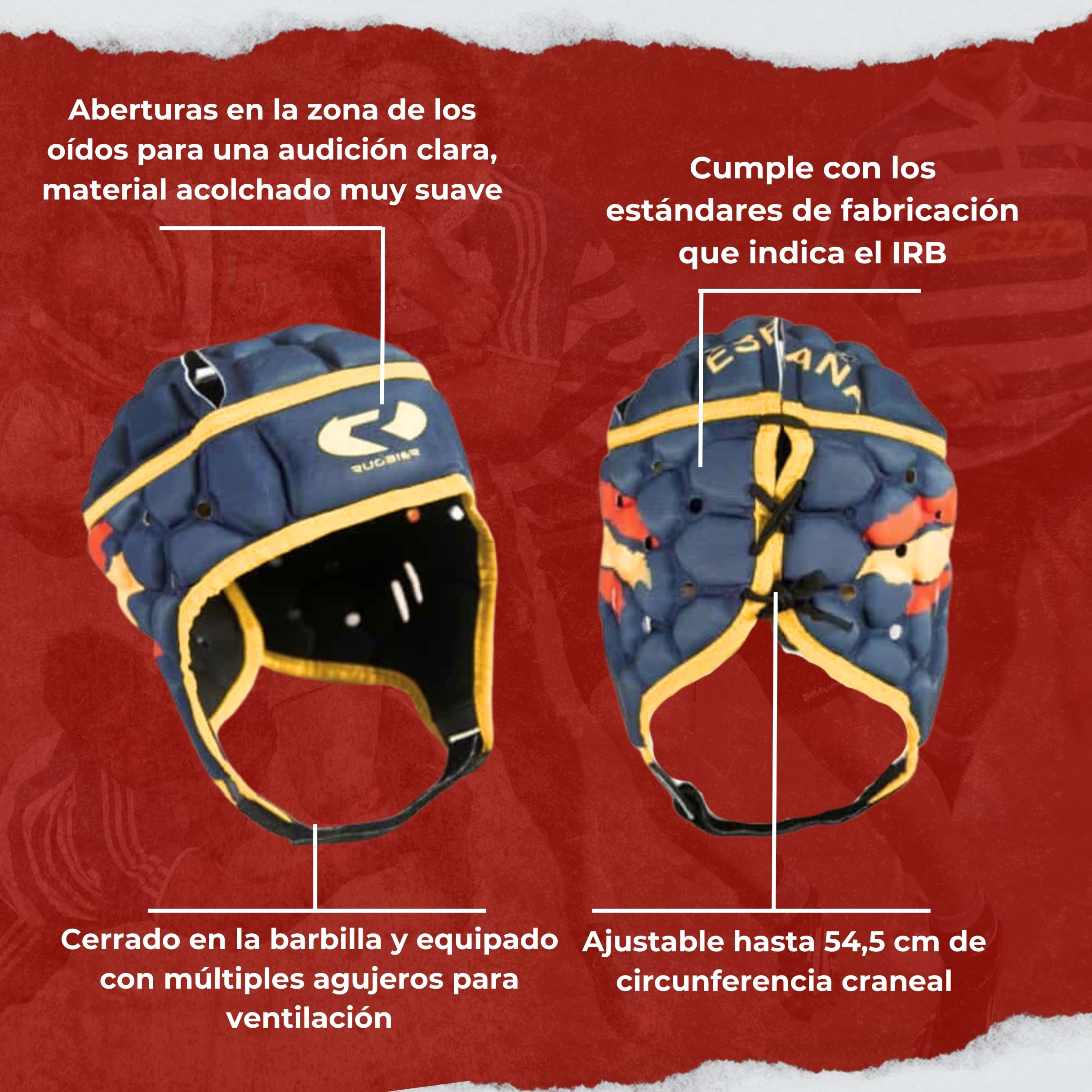 Casco de Rugby Profesional Air-Pro - Adultos y Jóvenes Unisex - Ajustable - Protector de Cabeza Acolchado - Modelo España Flag