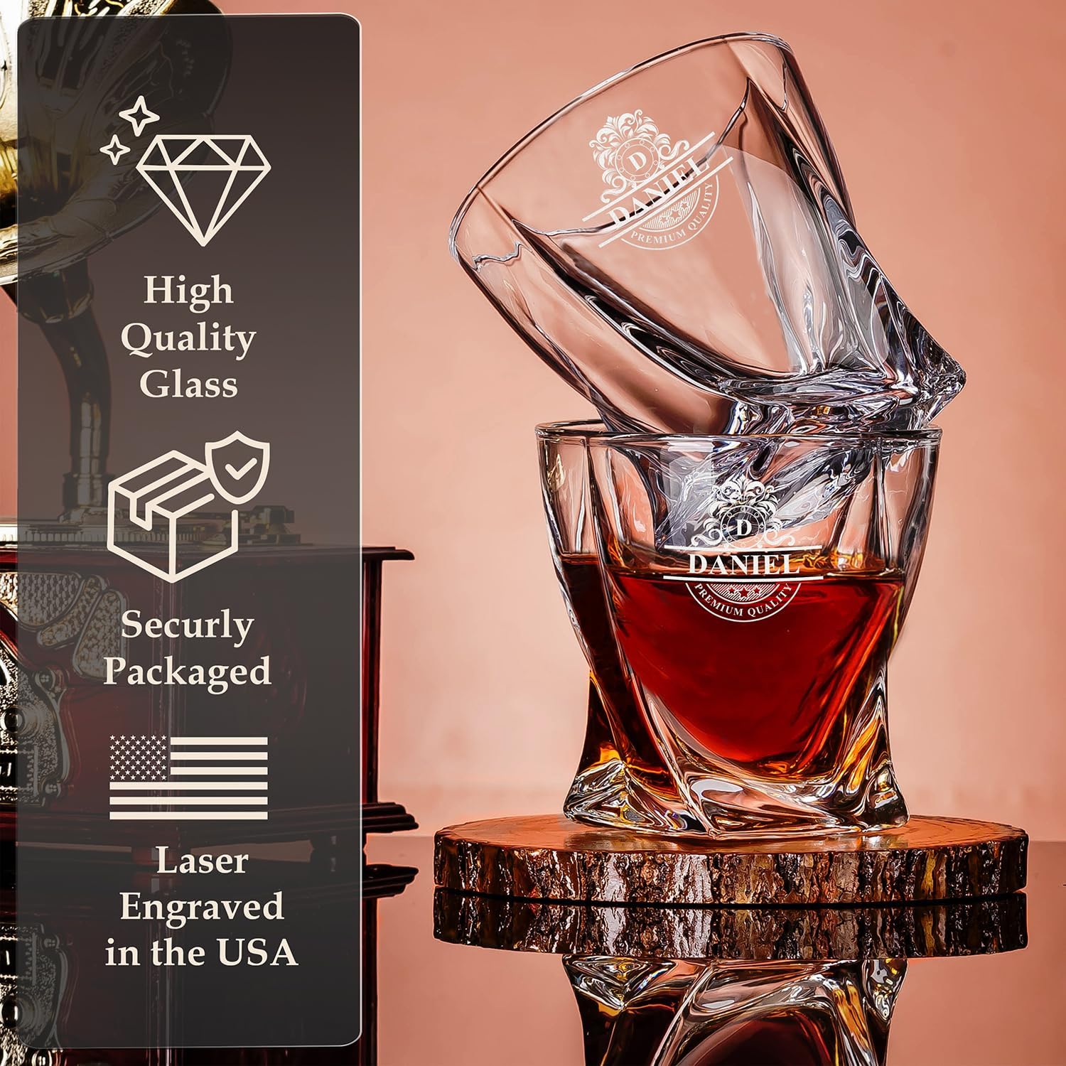 Custom Filigree Monogram Name 6 Design Options Whiskey Gift Set of 2 Glasses, Tongs, & Stainless Steel Whiskey Stones – Personalized Premium Wood Box for Men Gift for Husband, Dad, Him