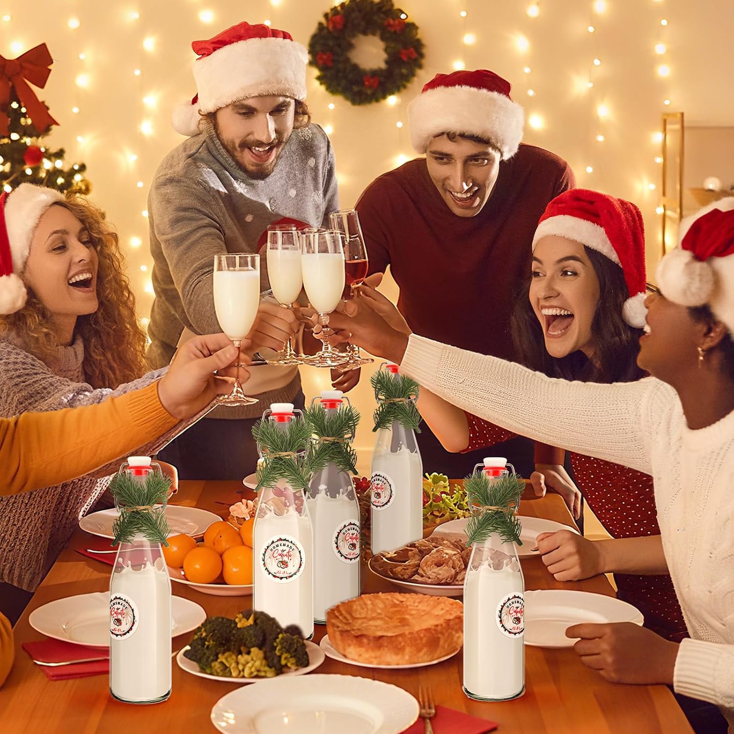 Whaline 8 Sets Christmas Coquito Swing Top Glass Bottles 16oz Clear Flip Top Bottles with Caps Pine Needles Label Stickers for Xmas Holiday Party Home Dinner Decor