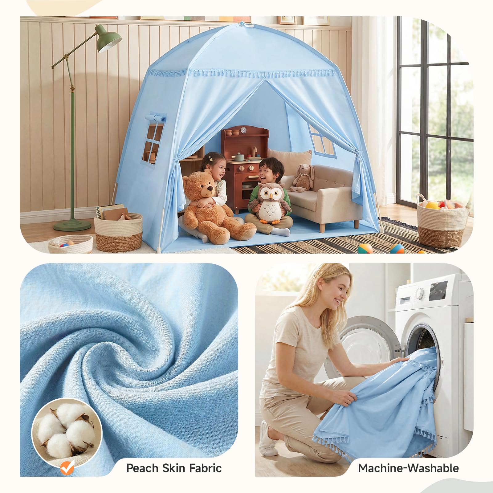 Bettzelt Kinderzimmer Kinderzelt: Großes Indoor-Spielhaus, tragbar und faltbar, für Einzelbett und Etagenbett, Kinderhöhle zum Spielen und Schlafen für Mädchen und Jungen (Hellblau)