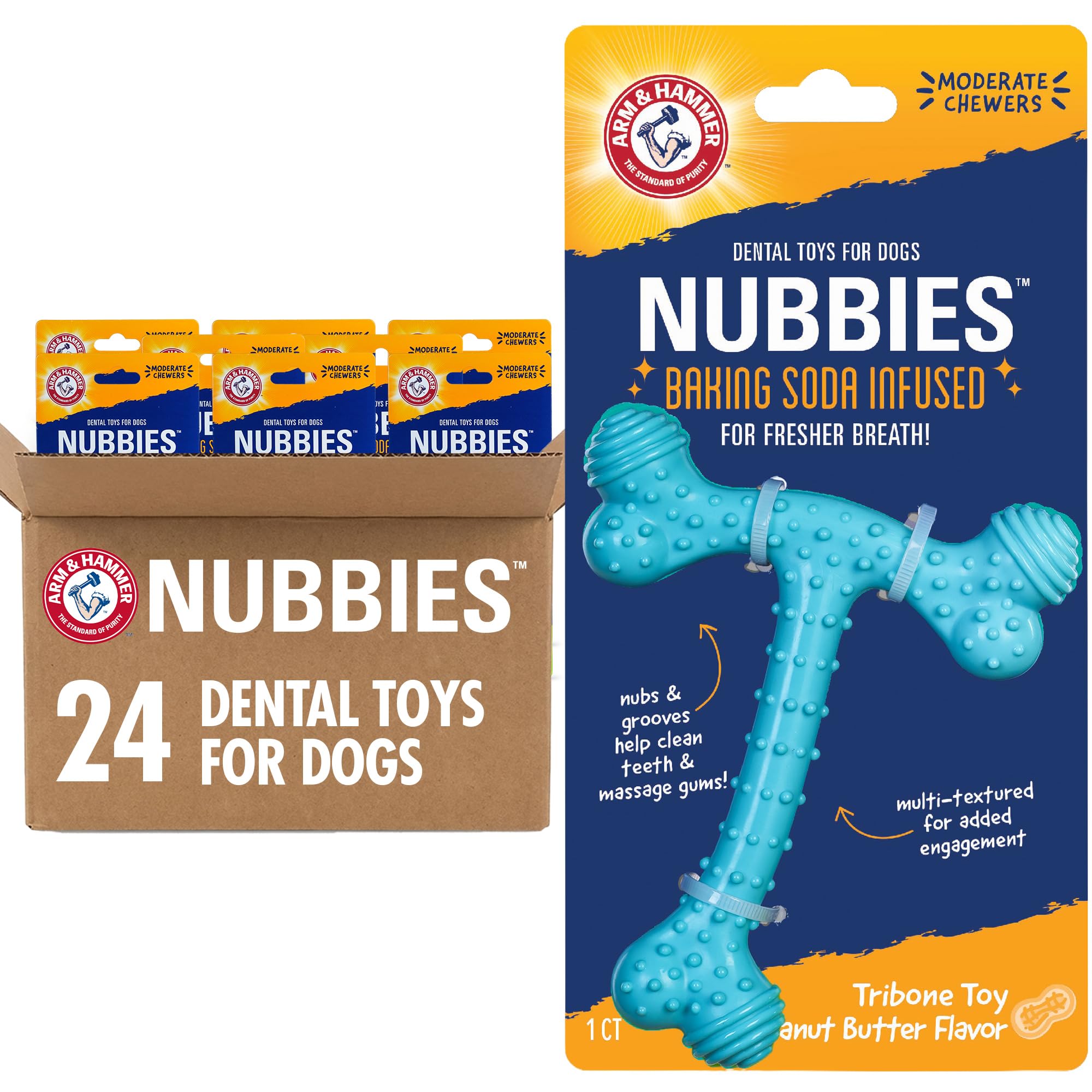 ARM & HAMMER Nubbies T-Bone Dental Dog Chew Toy, Peanut Butter, 24-Pk
