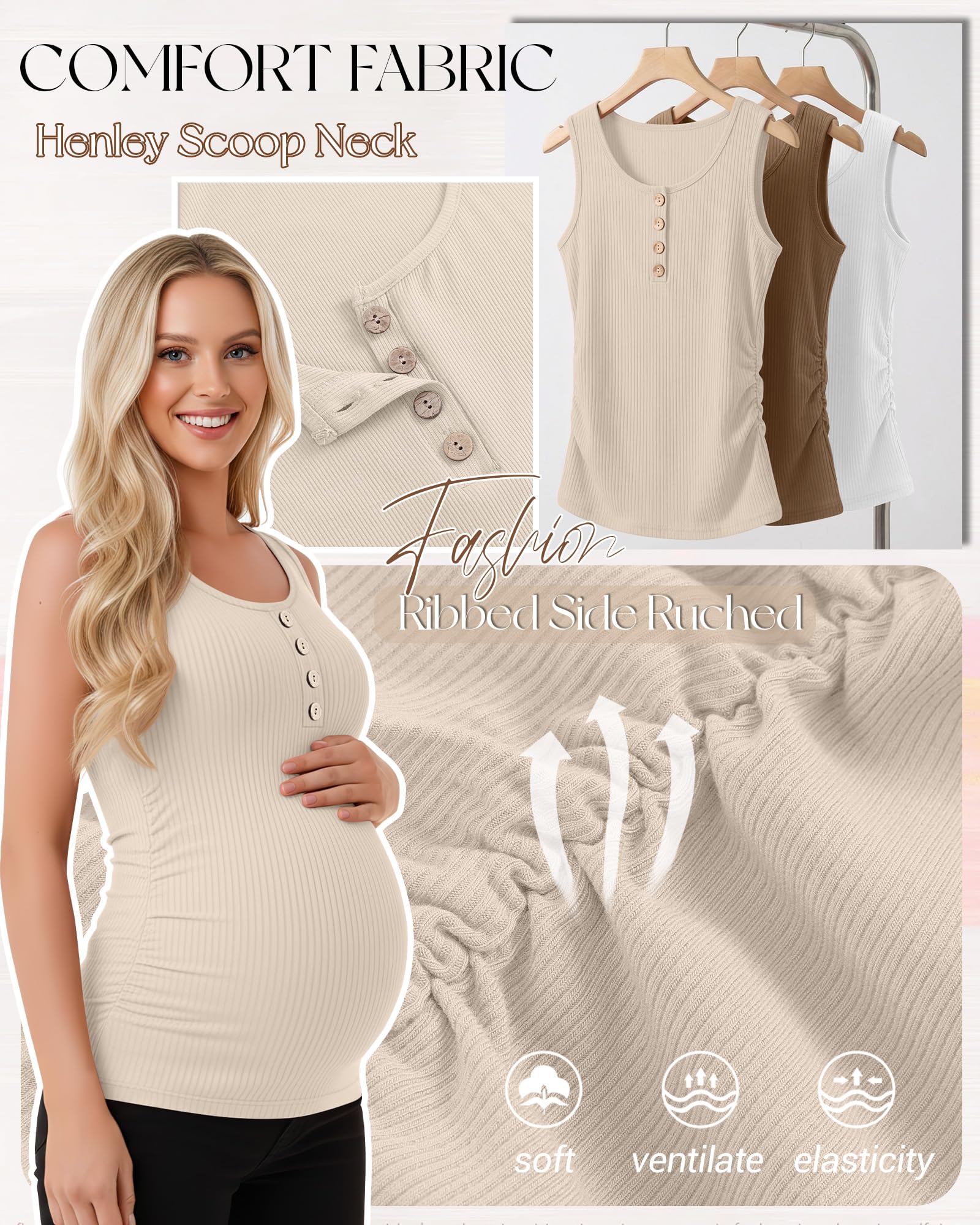 Xuniea Lot de 4 Débardeurs de Maternité pour Femmes, Style Henley, en Coton, Col Rond, Côtelés, Froncés sur Les Côtés, sans Manches